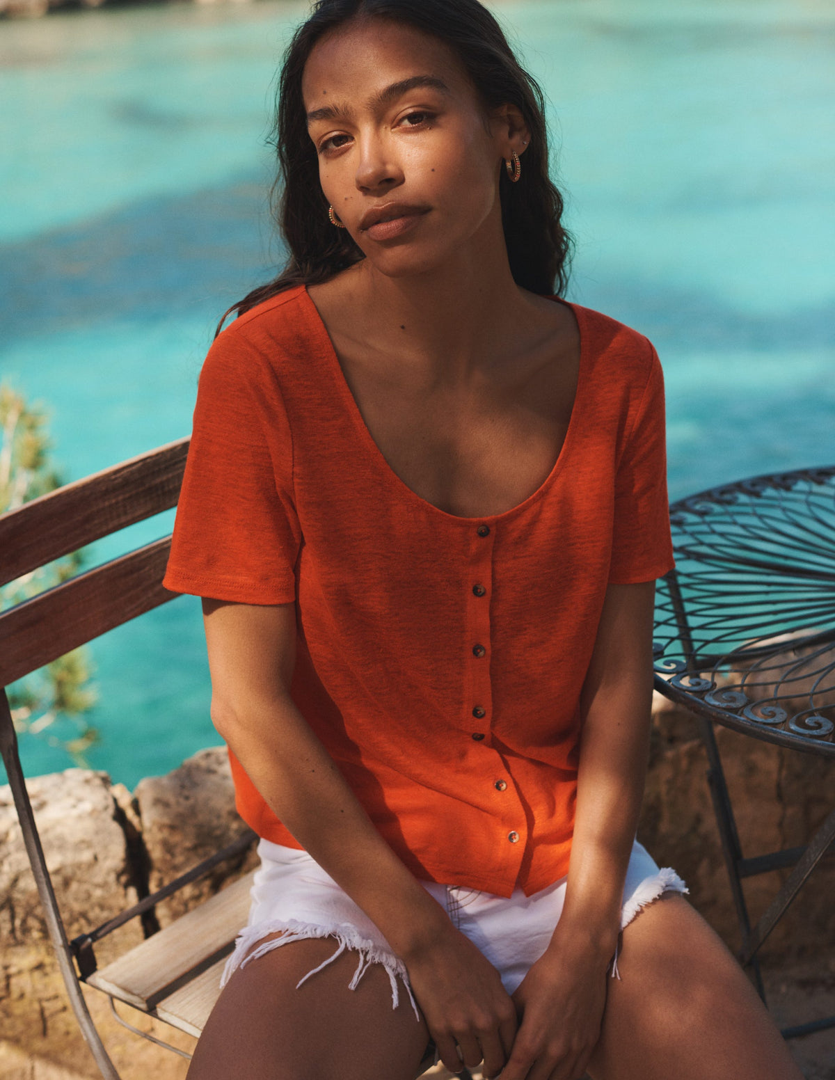 Leinen-T-Shirt mit Rundhalsausschnitt-Blutorange - Image 5