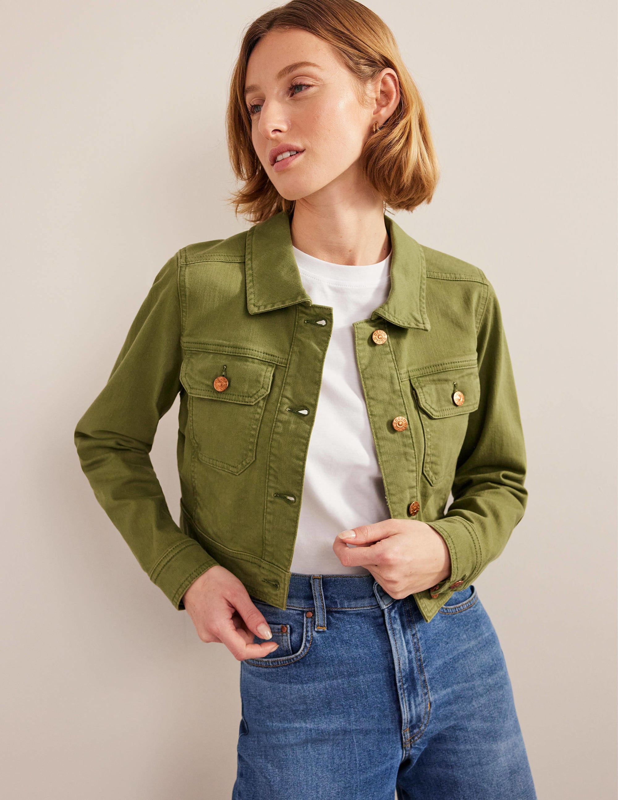 Cropped Casual Cotton Jacket-Green - Image 1