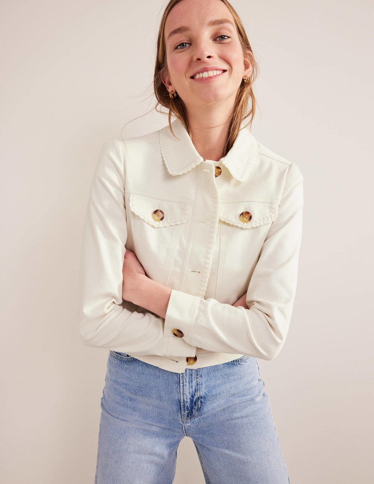 Veste en jean avec détails crochetés-Écru-1