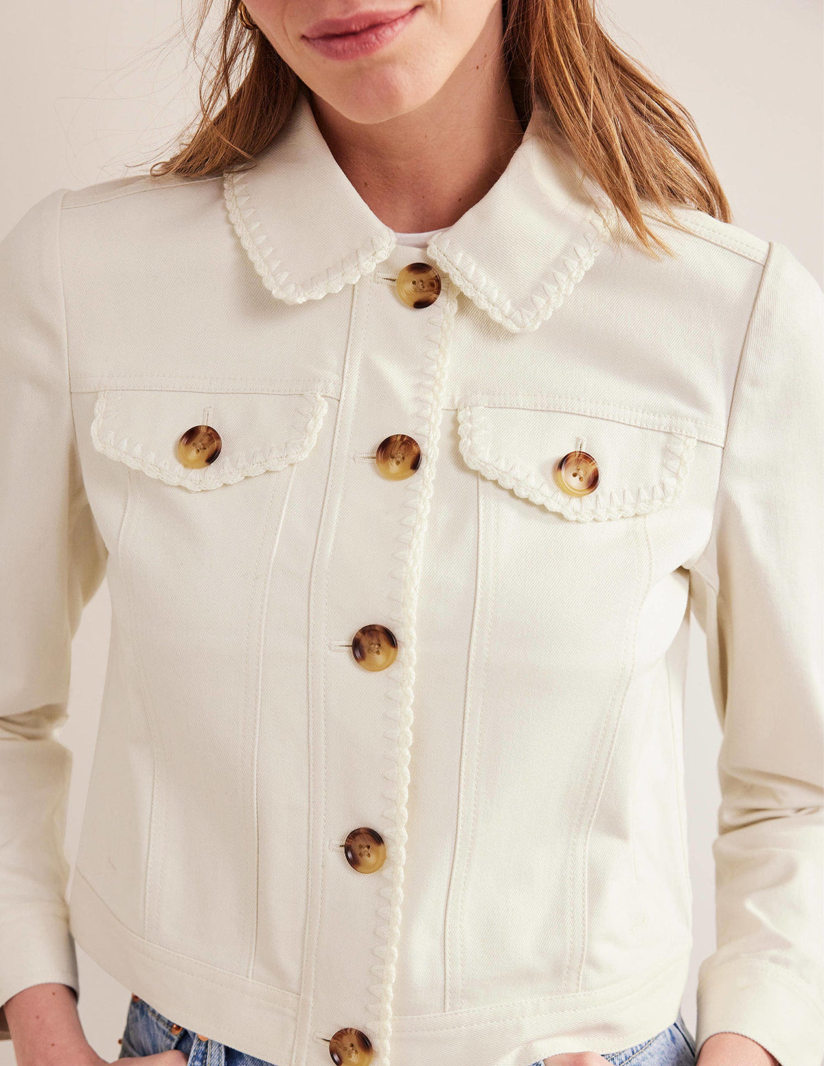 Veste en jean avec détails crochetés-Écru-2