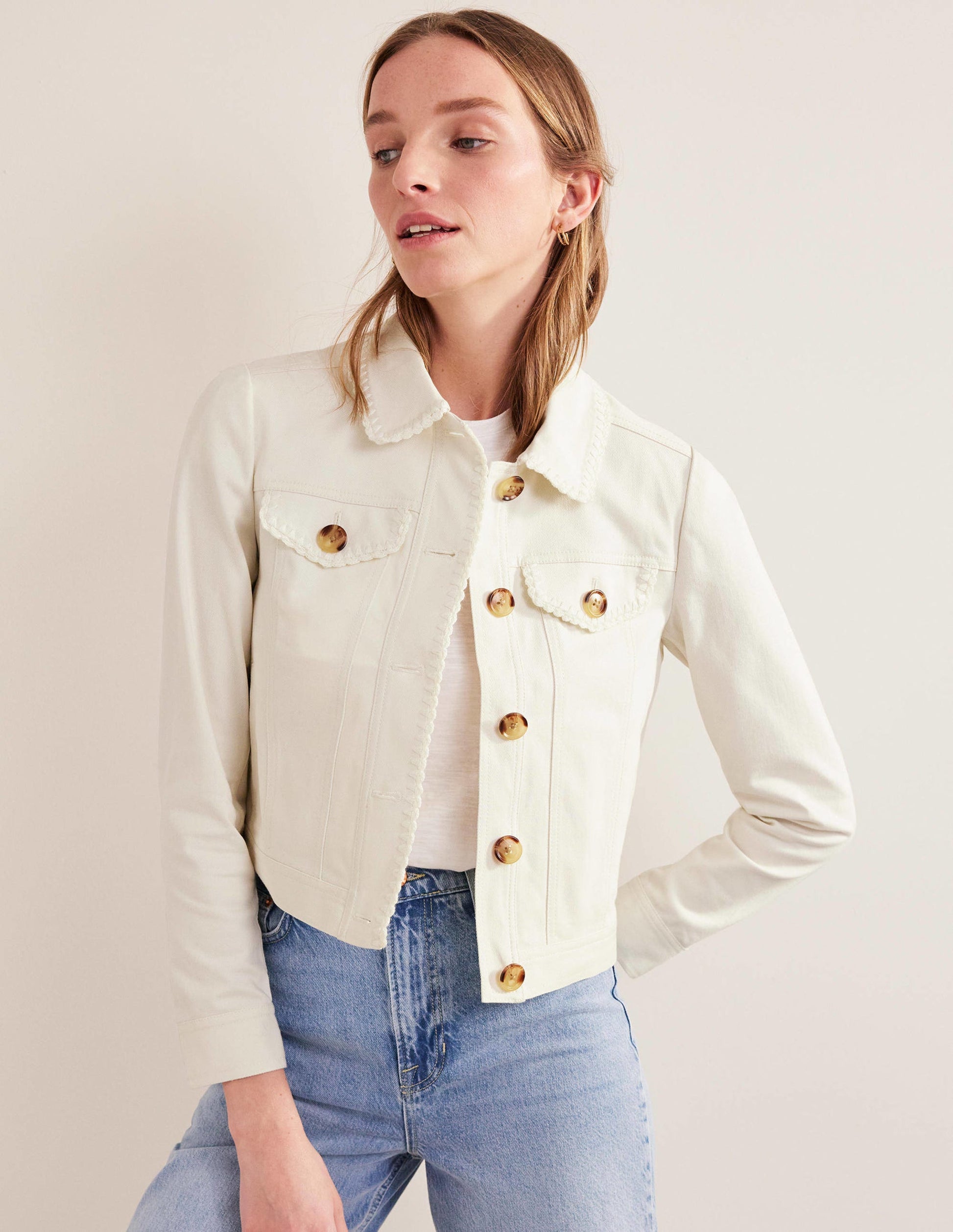 Veste en jean avec détails crochetés-Écru-4