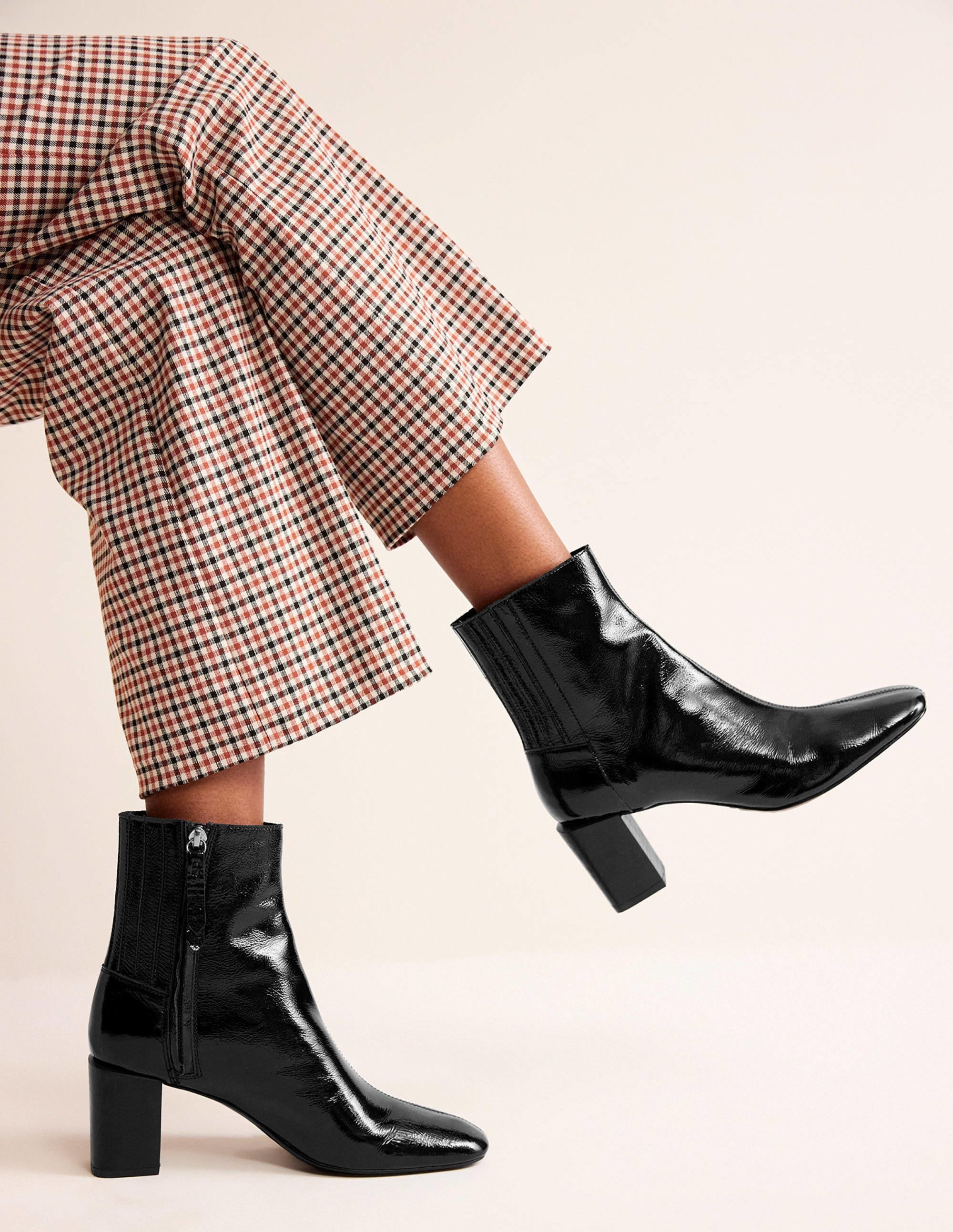 Block-Heel Leather Ankle Boots-Black Patent - Image 1