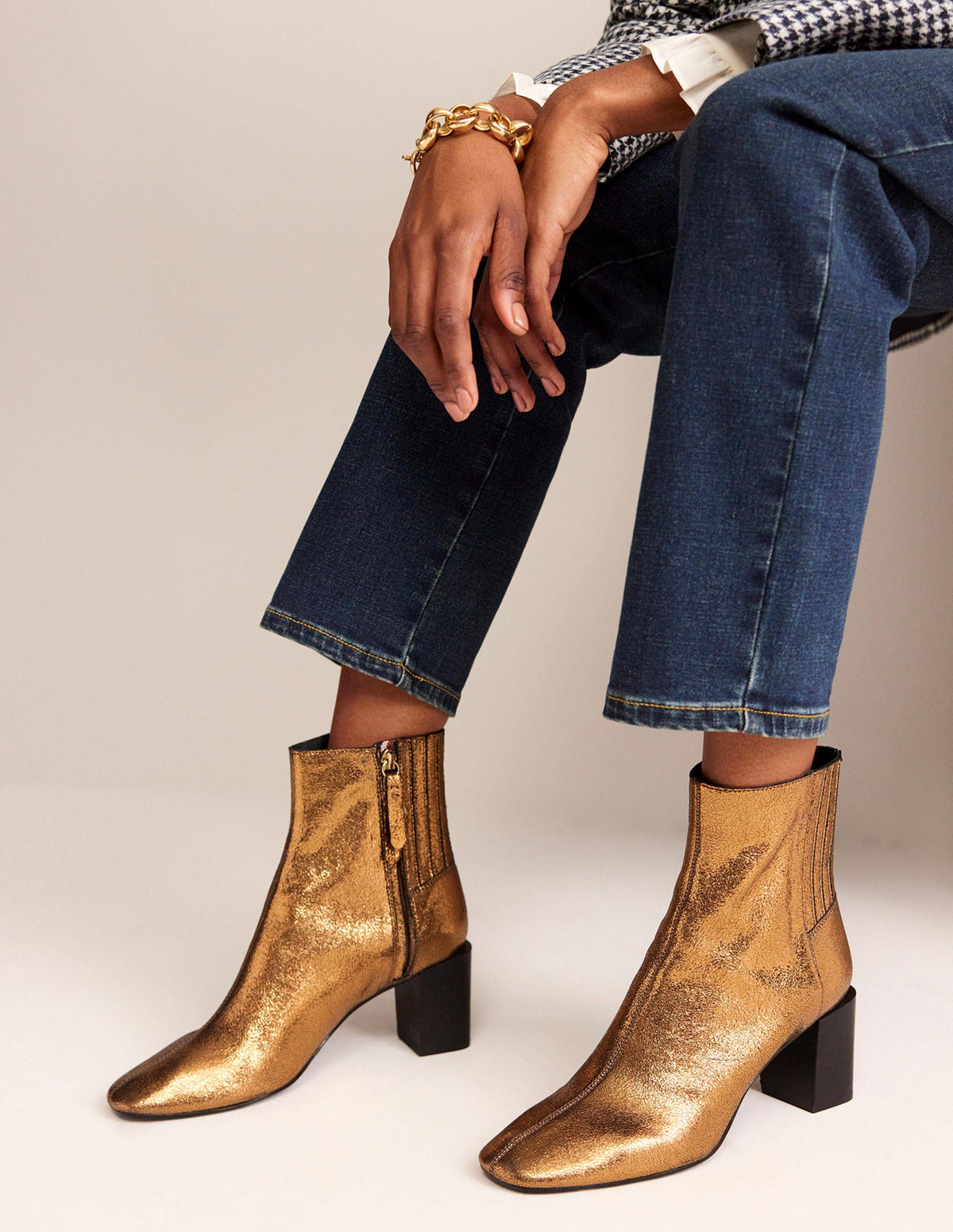 Leder-Stiefeletten mit Blockabsatz-Goldfarbenes Crinkle-Metallic-Leder - Image 1