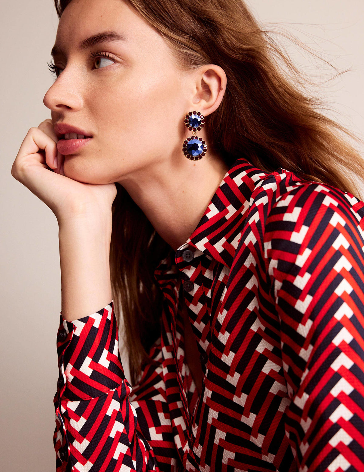 Boucles d'oreilles à fleurs ornementées-Rouge/bleu-1