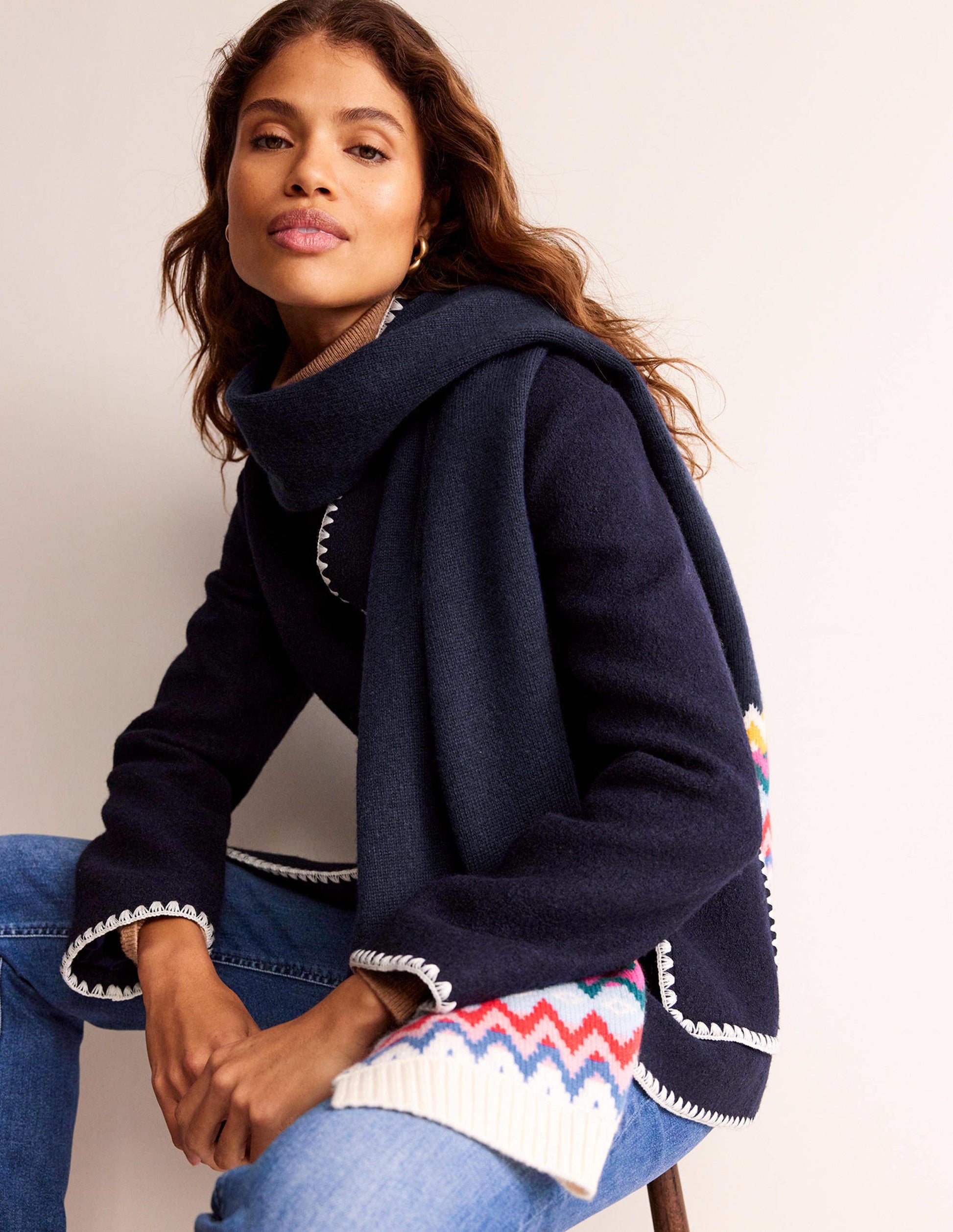 Écharpe motif jacquard-Bleu marine-1