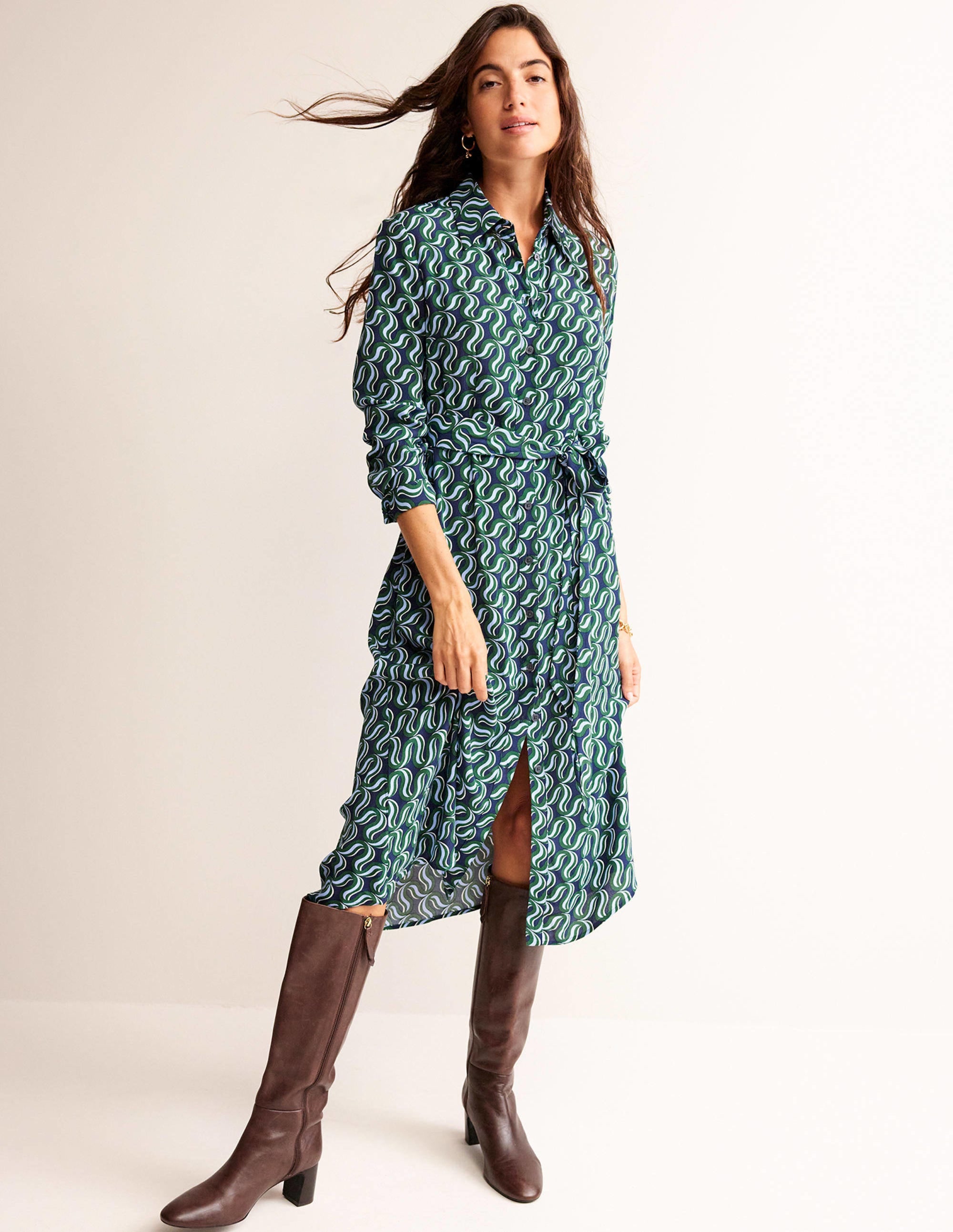 Kate Midi-Hemdblusenkleid-Amazonasgrün, Wellenmuster - Image 1