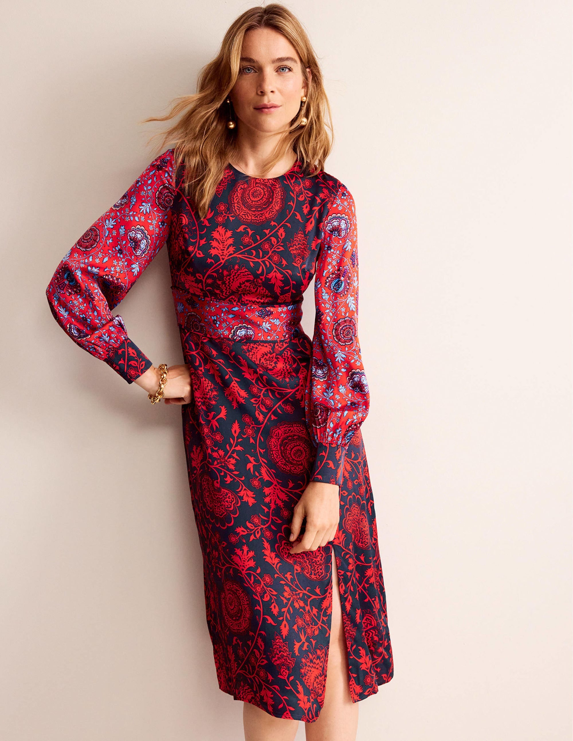 Midikleid mit Paspelierung-Marineblau, Gardenienrot - Image 4
