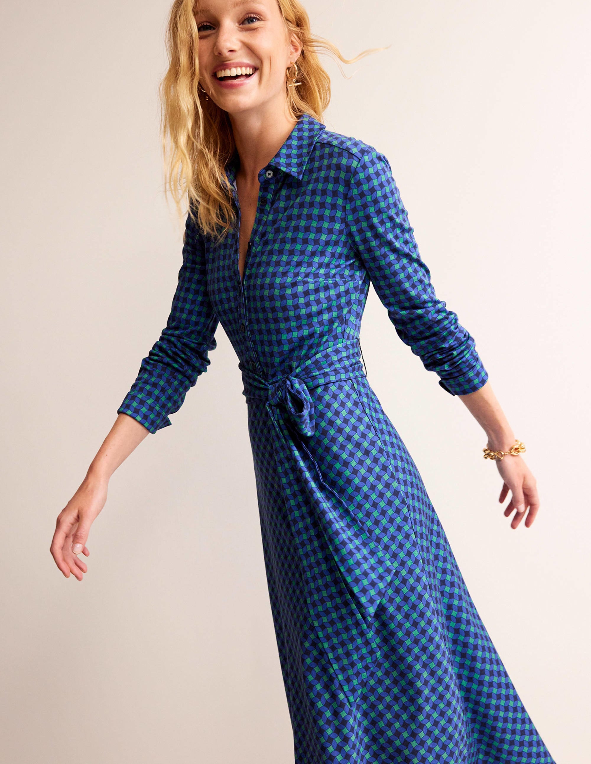 Robe-chemise midi Laura en jersey-Vert, motif Abstract Diamond - Image 1