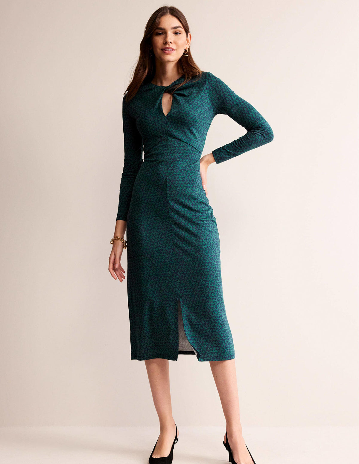 Midikleid in Empire-Form zum Knoten-Dunkles Smaragdgrün, Lilienzweig - Image 1