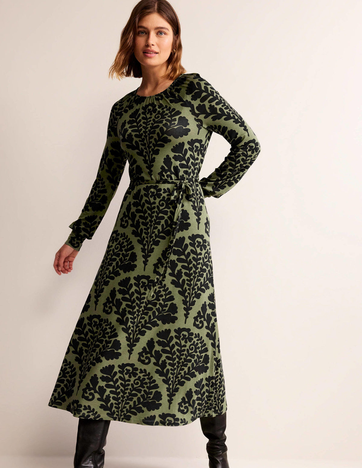 Robe longue à imprimé placé-Épicéa, motif Blossomy-4