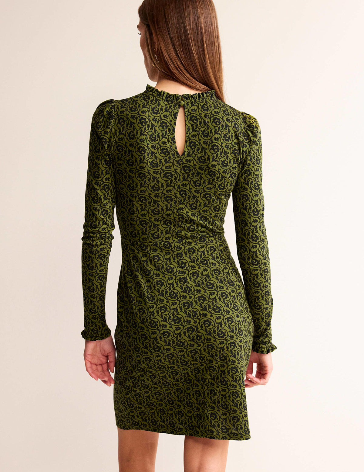 Minikleid mit Rüschendetail-Olivgrün, Schlüsselblumenwirbel - Image 3
