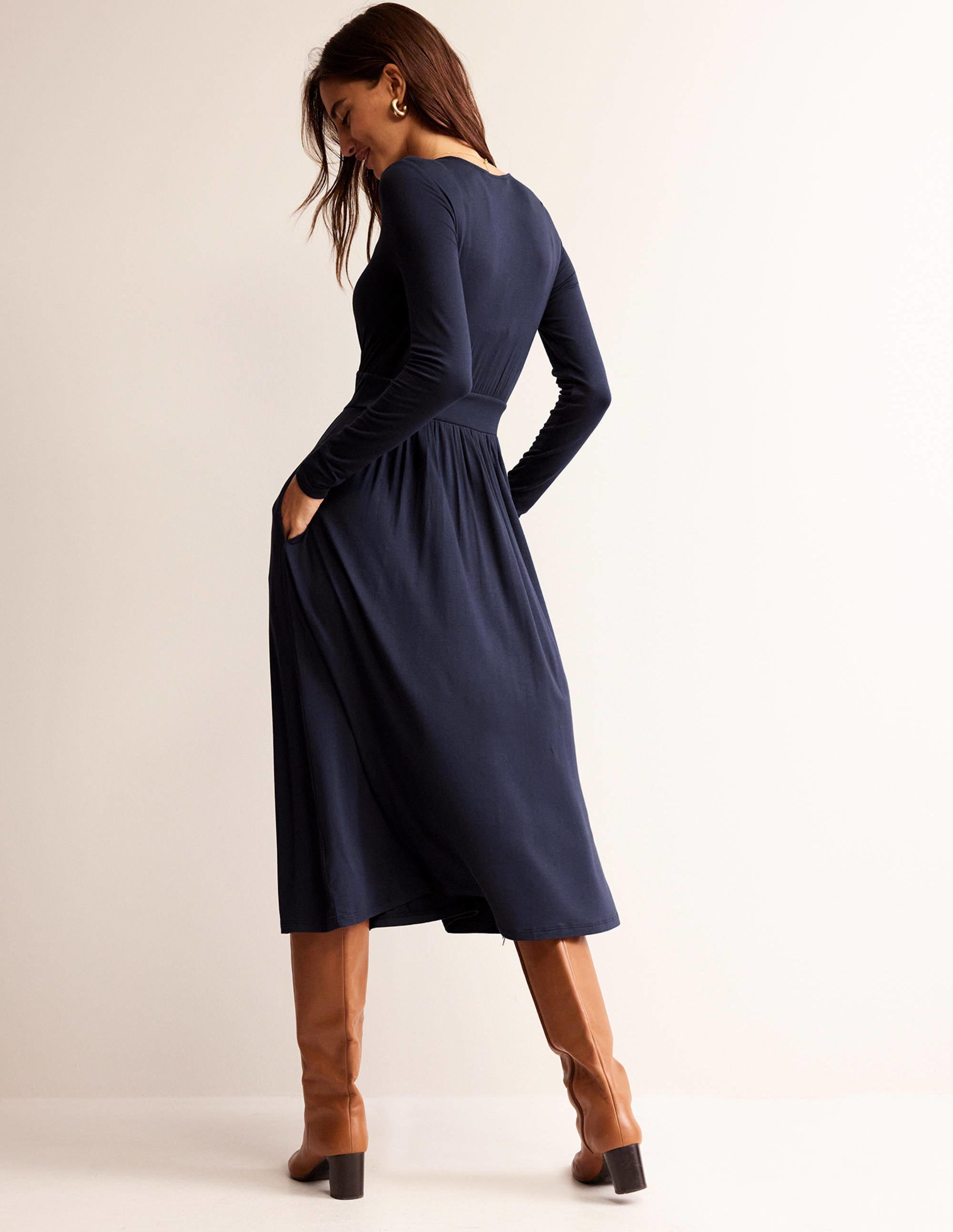 Thea Long Sleeve Midi Dress-Navy - Image 3