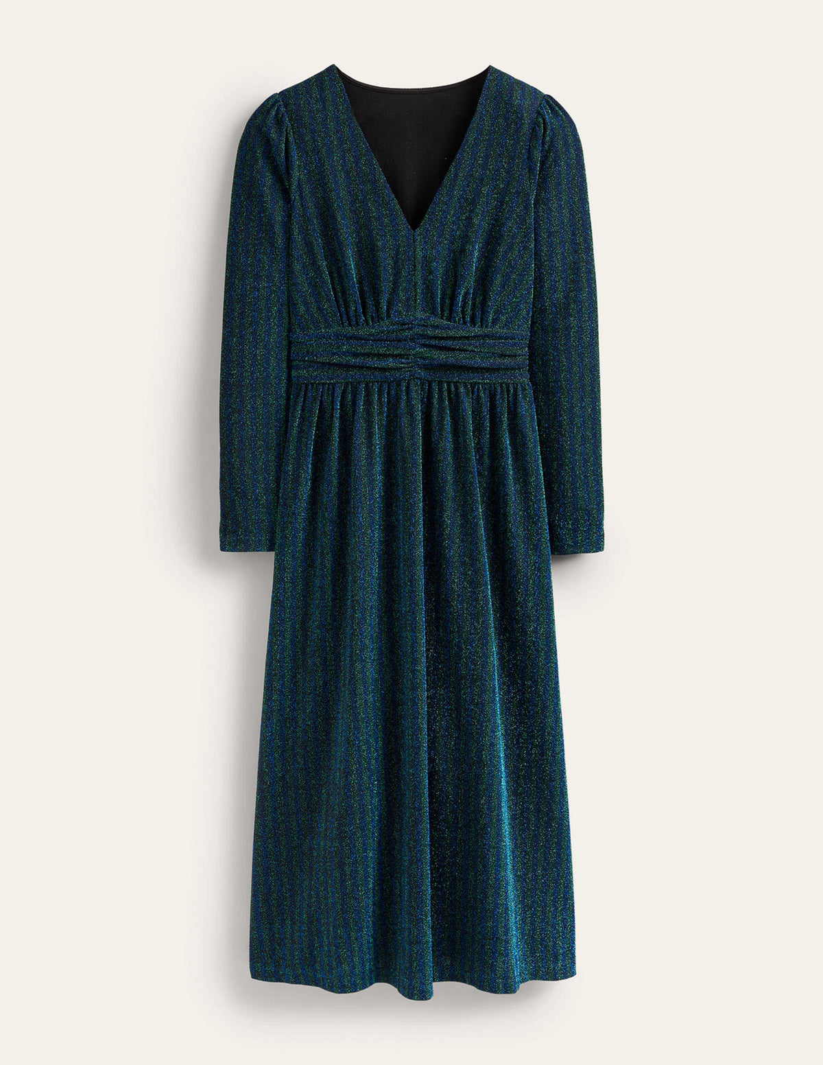 Ruched Sparkle Midi Dress-Green, Navy Stripe - Image 7