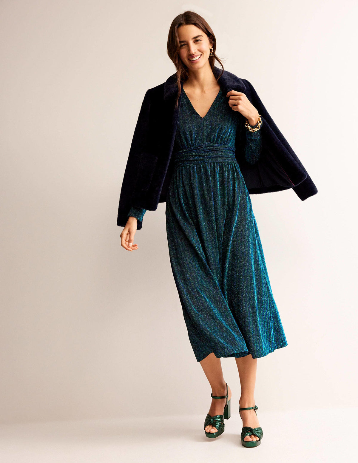 Ruched Sparkle Midi Dress-Green, Navy Stripe-5