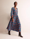 Border Print Raglan Midi Dress-Aegean Blue, Paisley Amaryllis