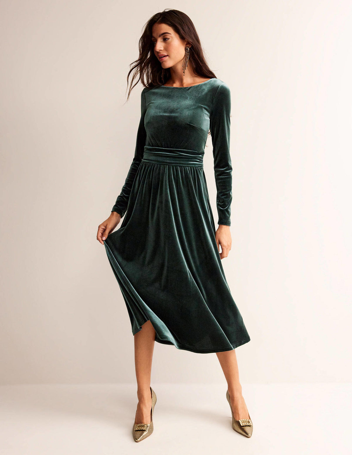 Robe midi Abigail en velours-Vert Chatsworth-1