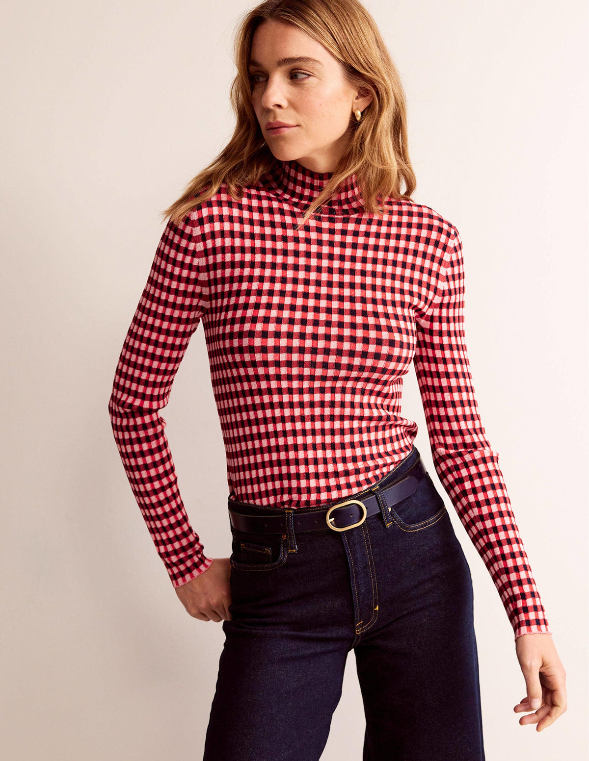 Figurbetonter Pullover mit Karos-Pepperoni, Marshmallow-1
