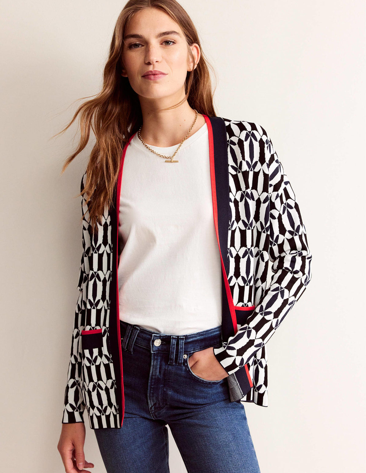 Jacquard-Strickjacke-Schwarz und Naturweiß, Geometrisch - Image 4