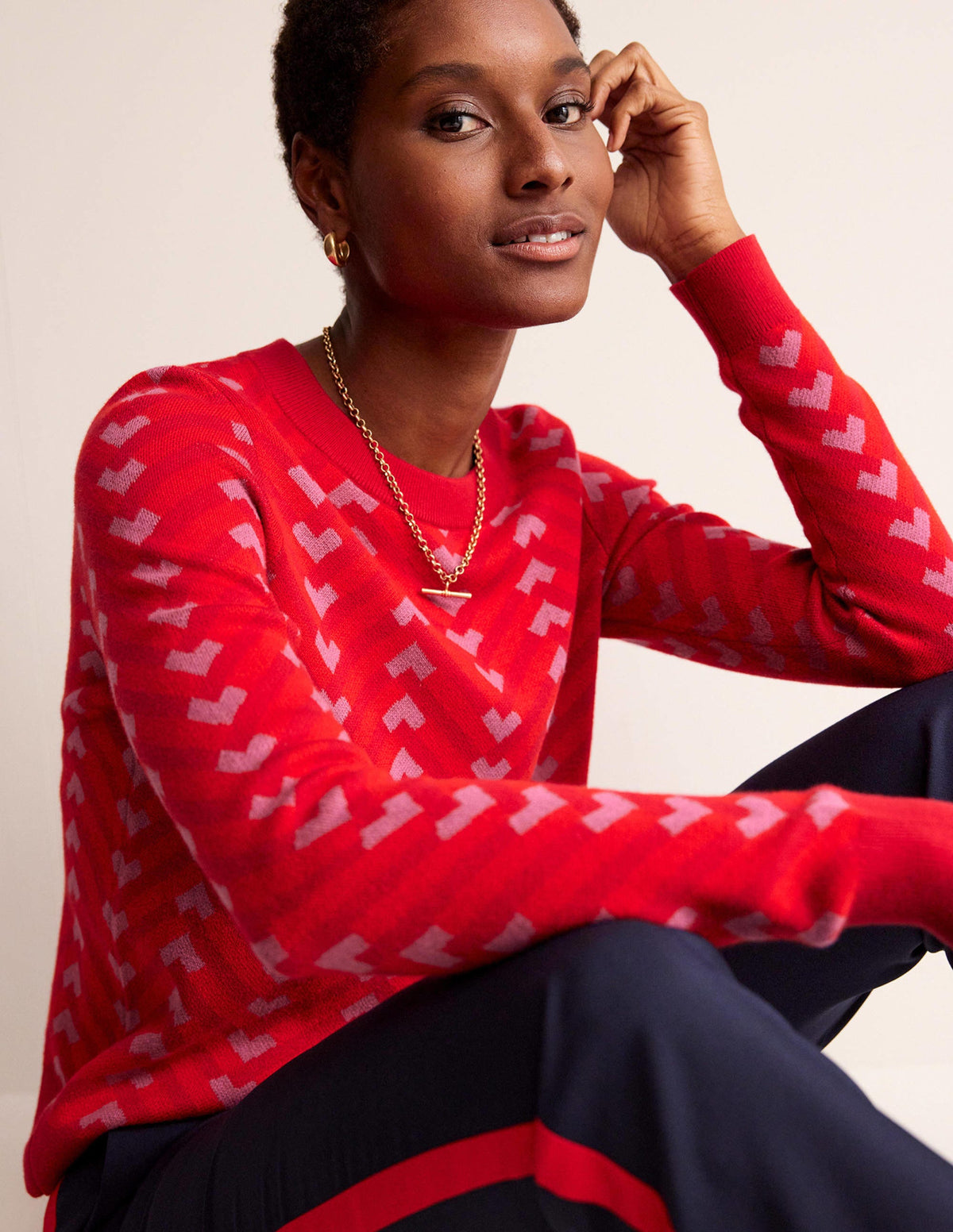 Jacquard Jumper-Cranberry, Chevron Geo - Image 1