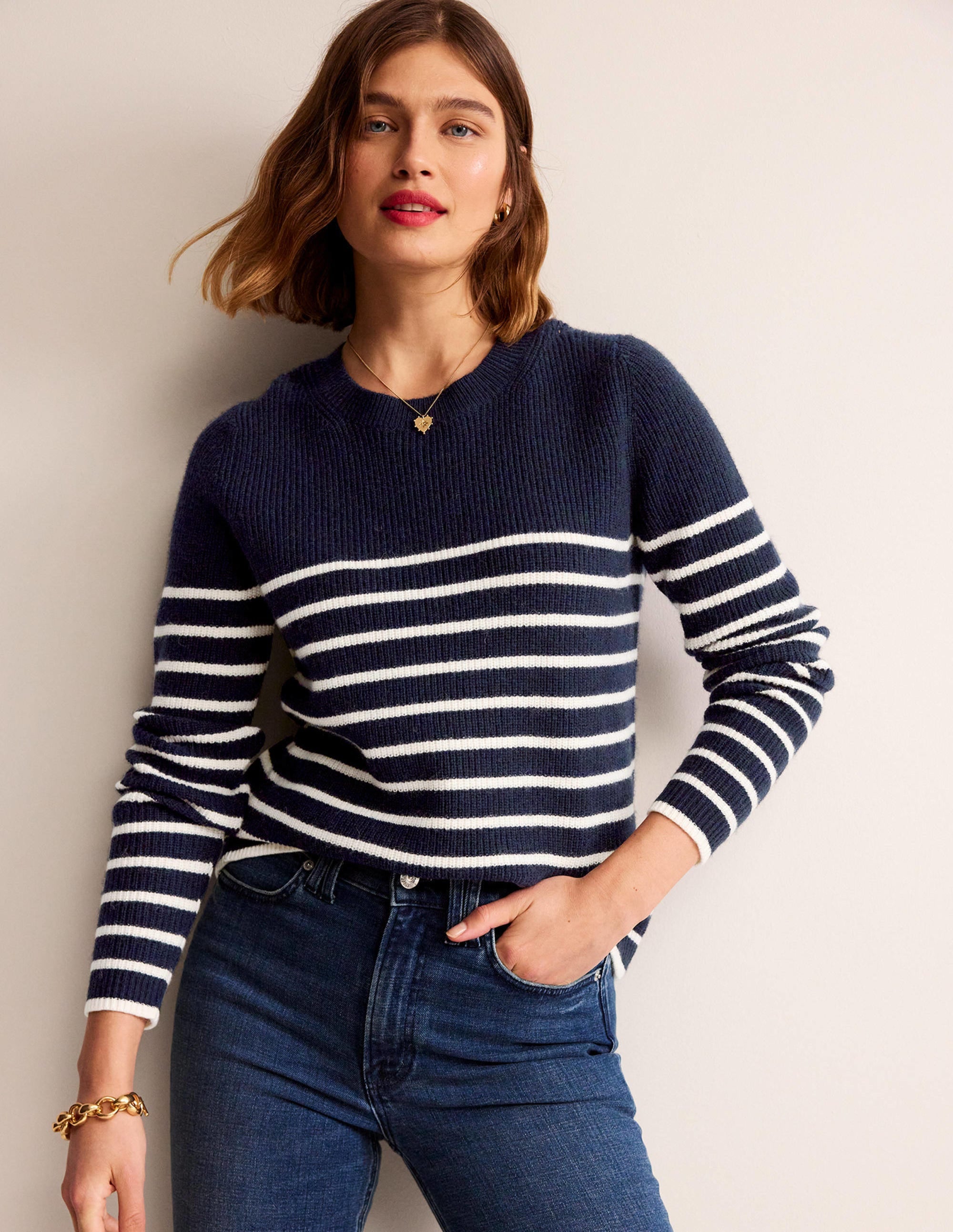 Francesca Streifenpullover-Marineblau und Naturweiß Gestreift - Image 1