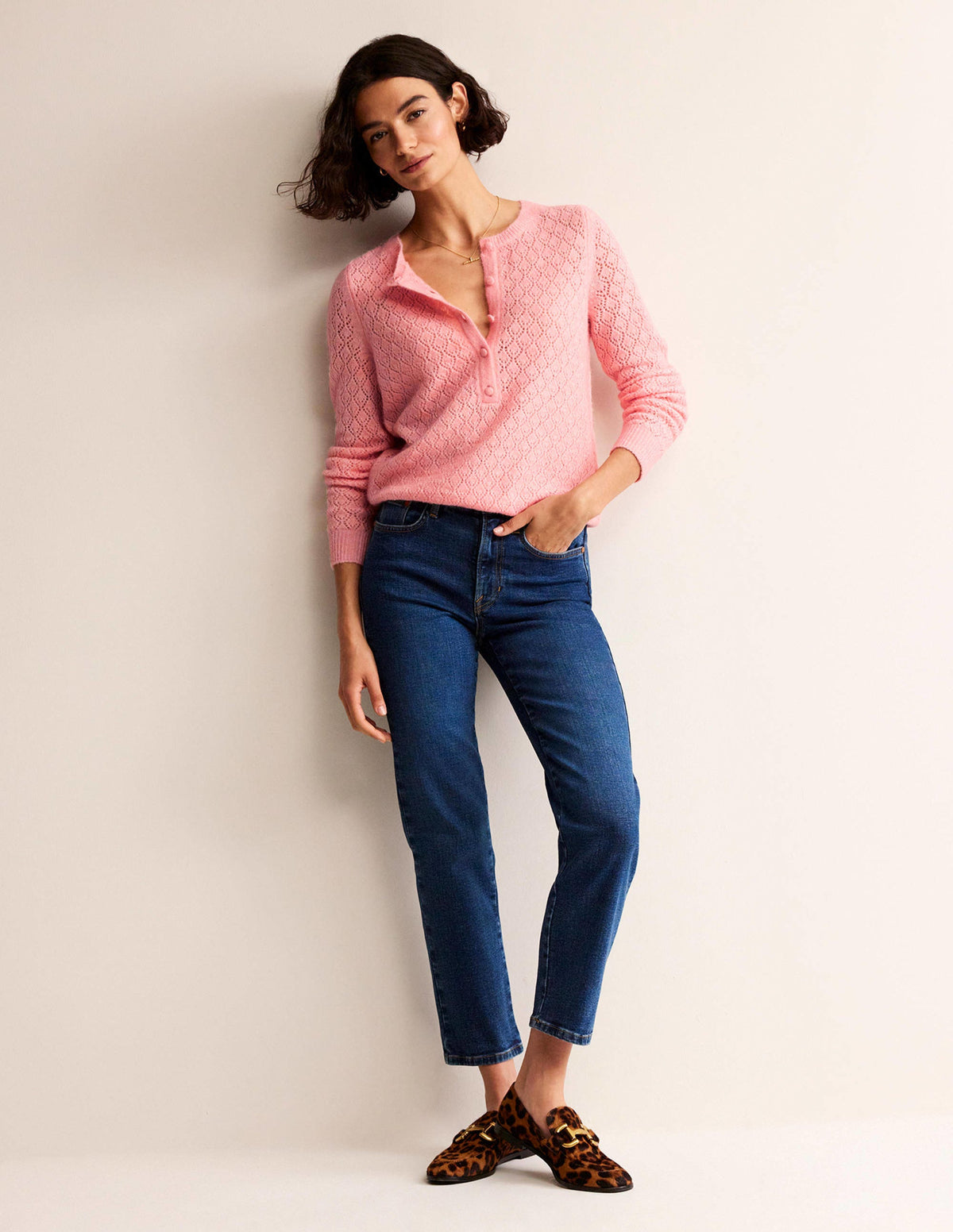 Flauschiger Henley-Pointelle-Pullover-Dahlienrosa - Image 4