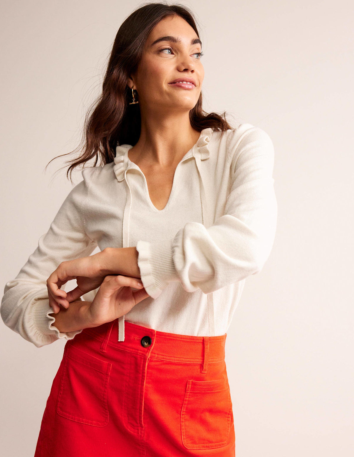 Ruffle Tie-Neck Jumper-Ivory-1