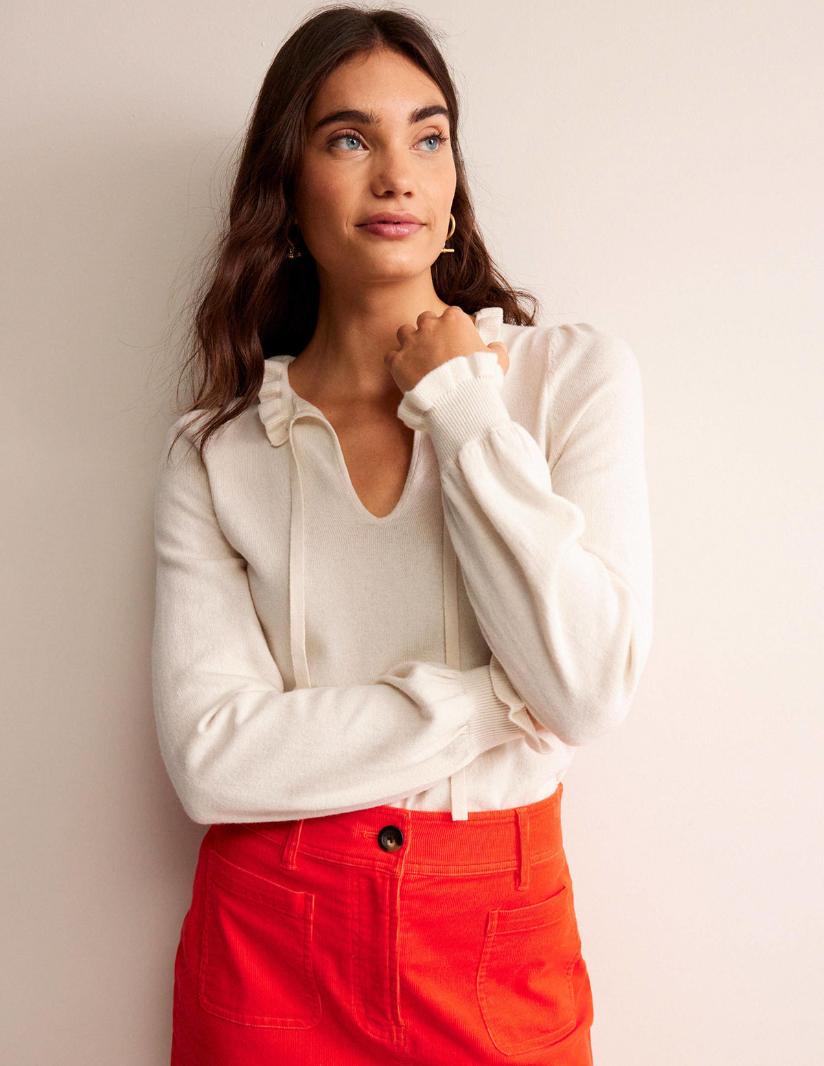 Ruffle Tie-Neck Jumper-Ivory-4