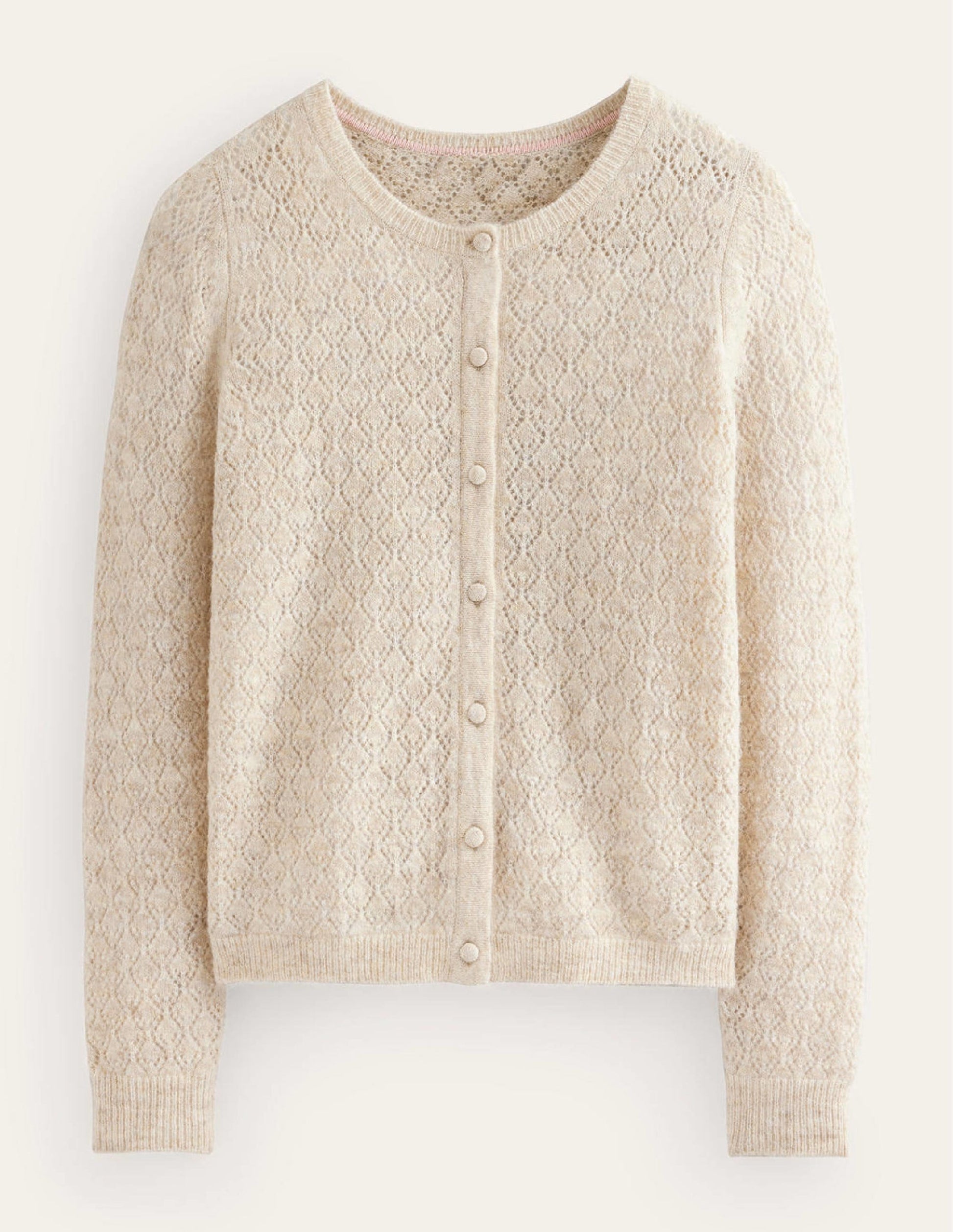 Flauschige Pointelle-Strickjacke-Haferbeige Meliert-6