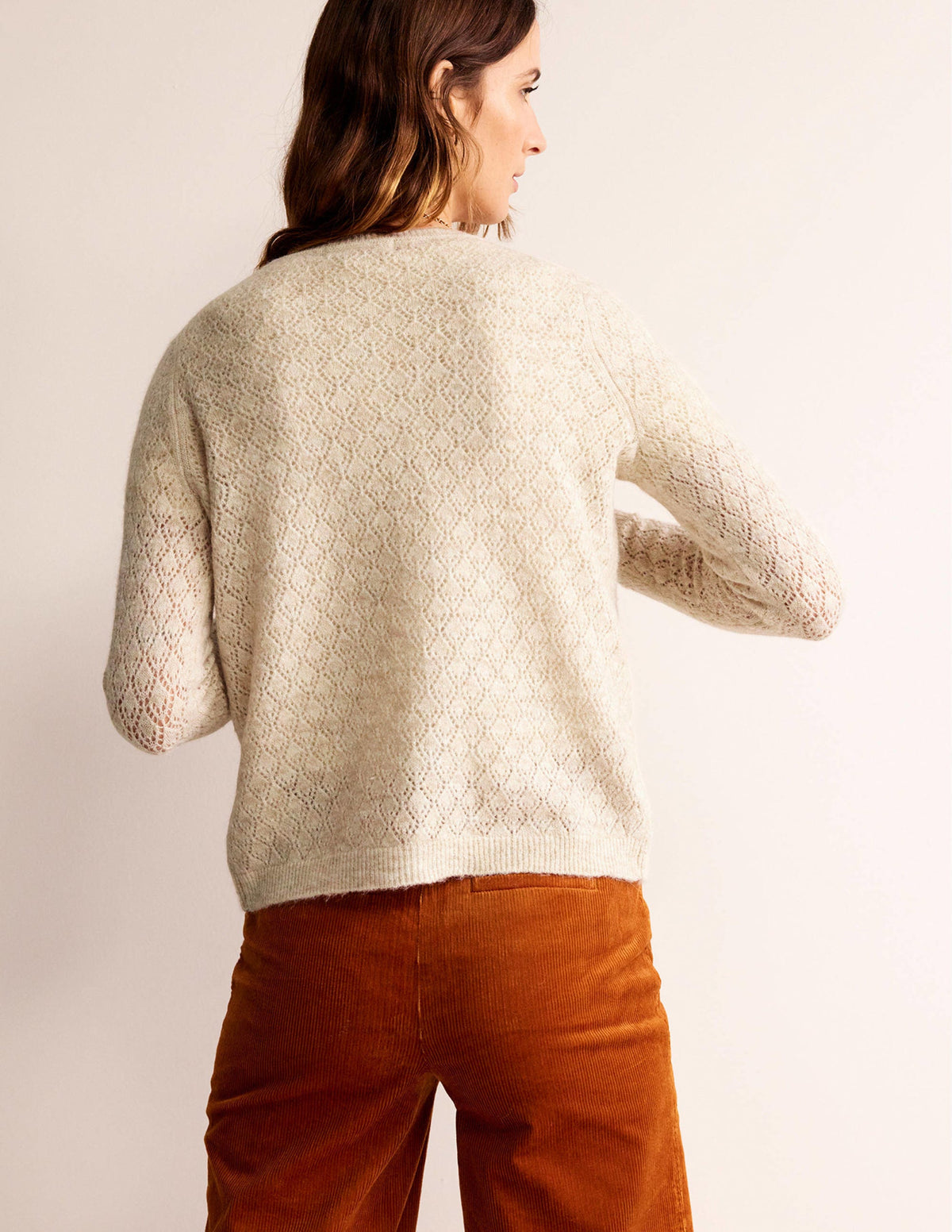 Flauschige Pointelle-Strickjacke-Haferbeige Meliert - Image 3