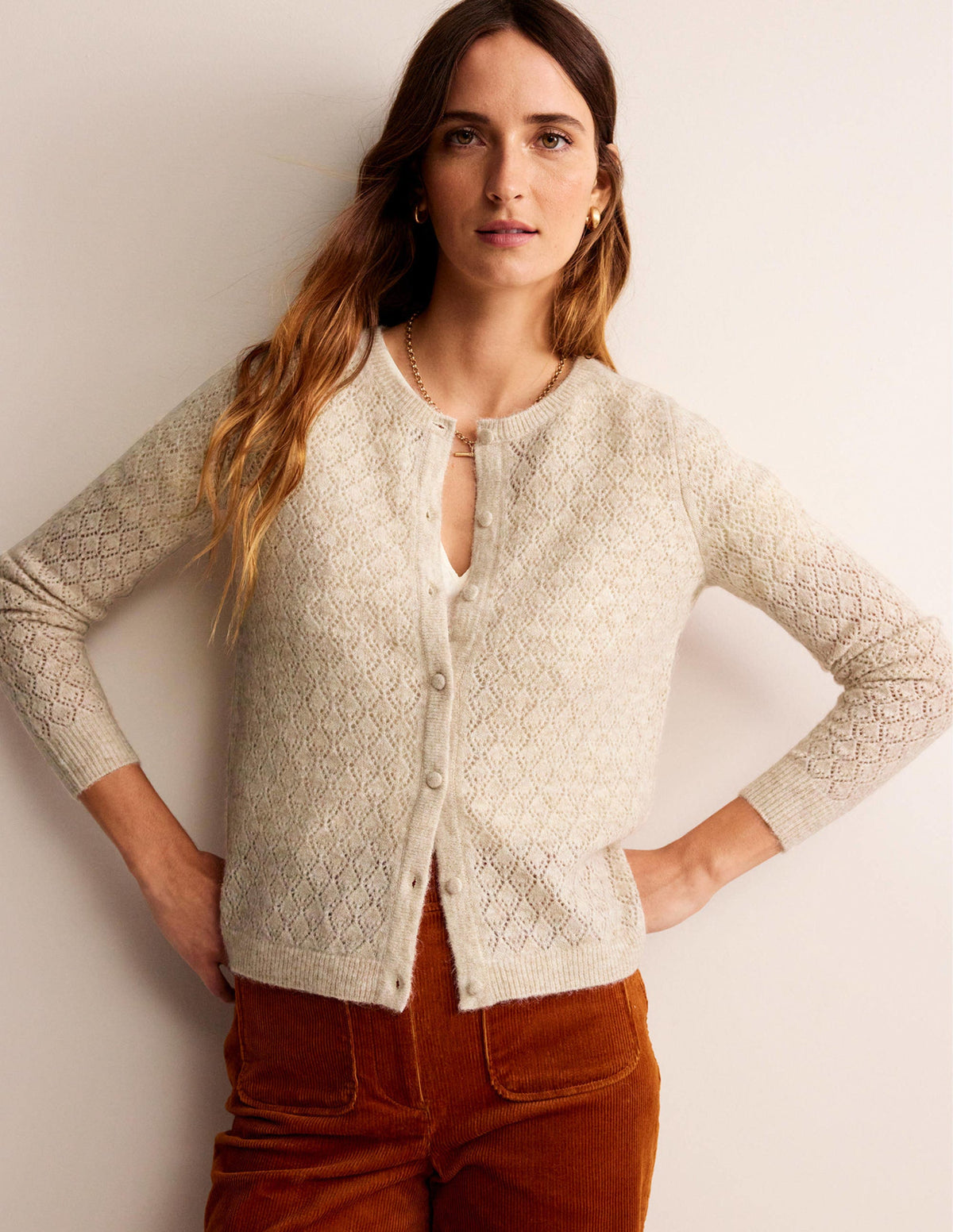 Flauschige Pointelle-Strickjacke-Haferbeige Meliert-4