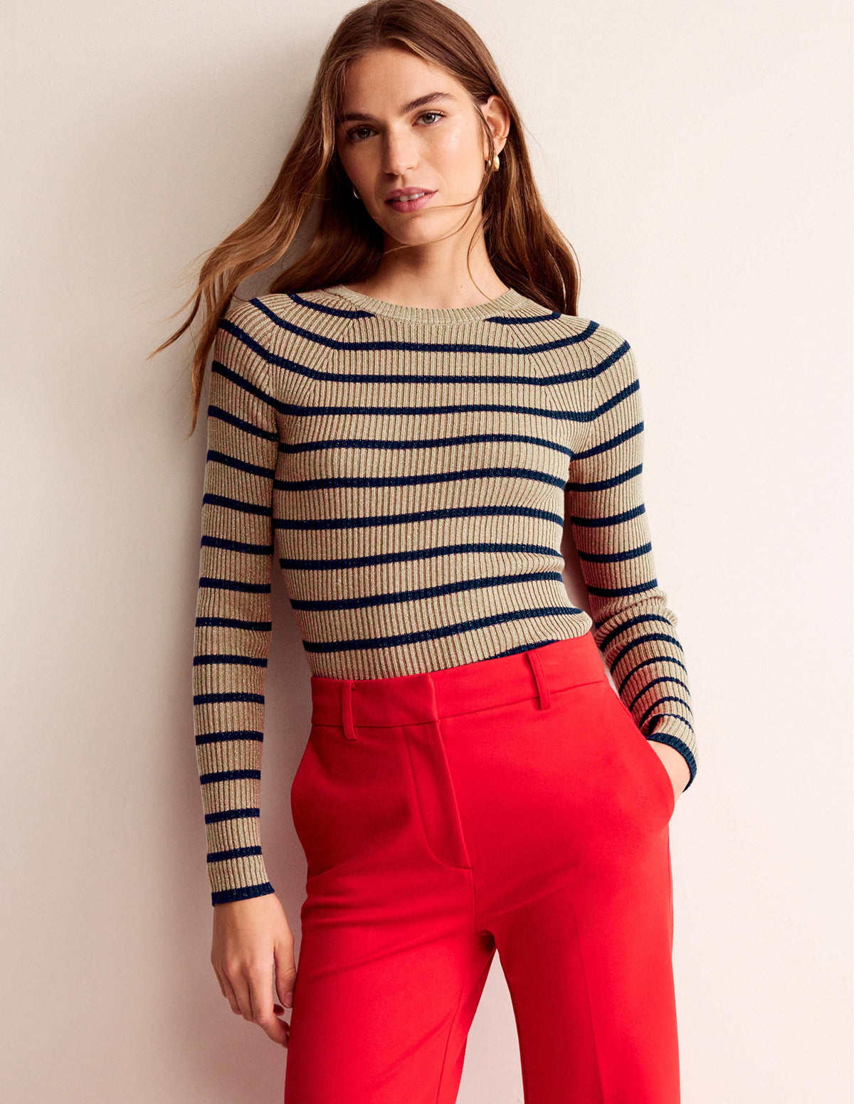 Effie Pullover mit Glitzerstreifen-Camel und Marineblau Streifen-1