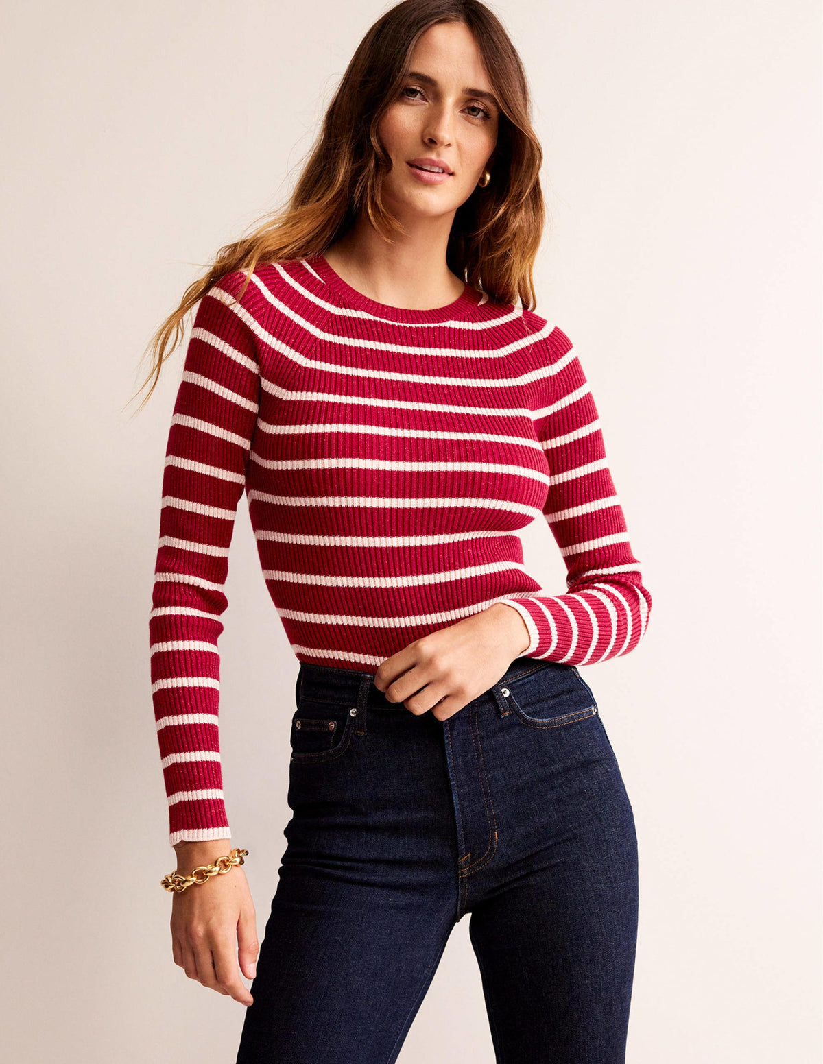 Effie Pullover mit Glitzerstreifen-Rot, Kreiderosa Streifen - Image 1