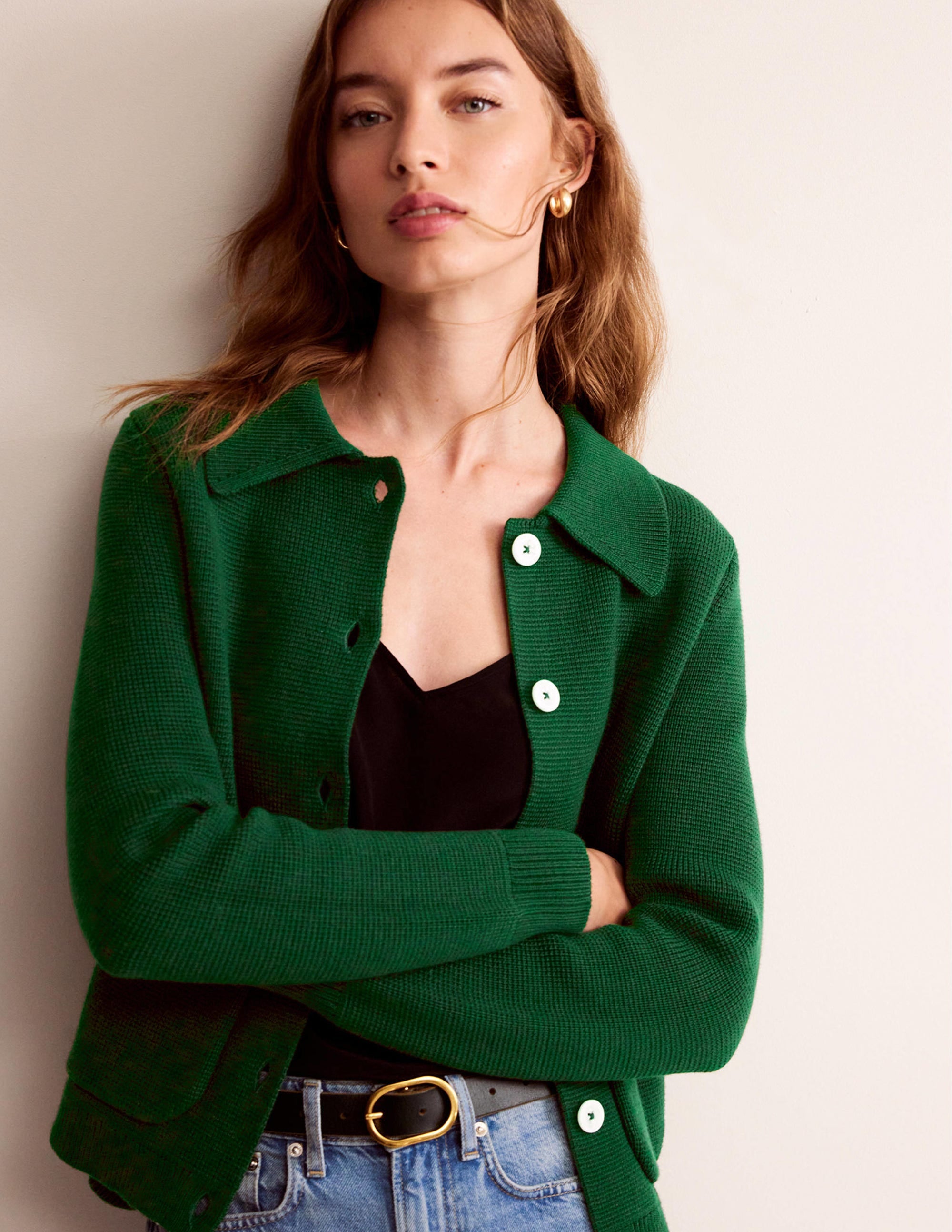 Emily Strickjacke aus Wollmischgewebe-Jagdgrün - Image 1