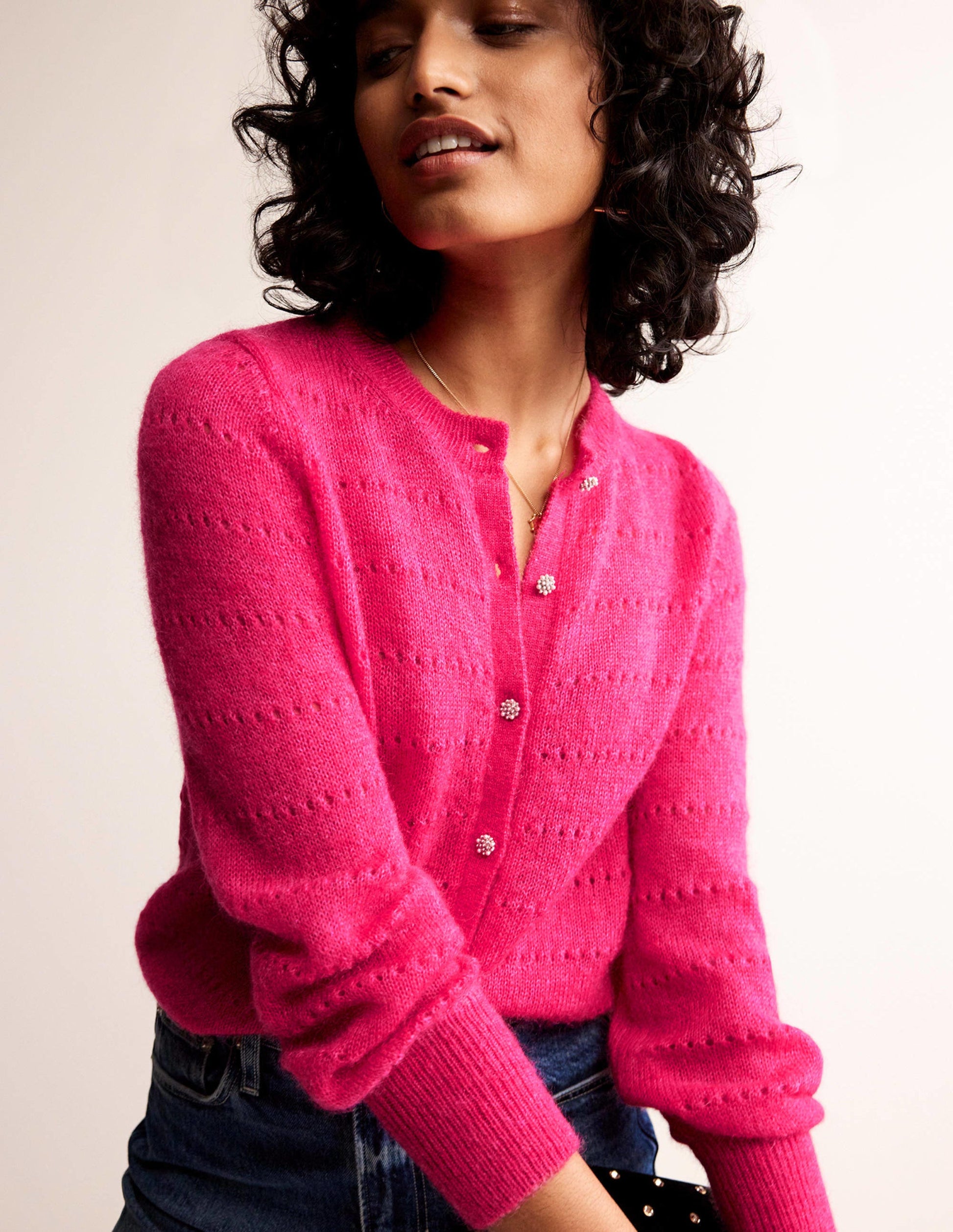 Flauschige, texturierte Strickjacke-Kräftiges Rosa-1