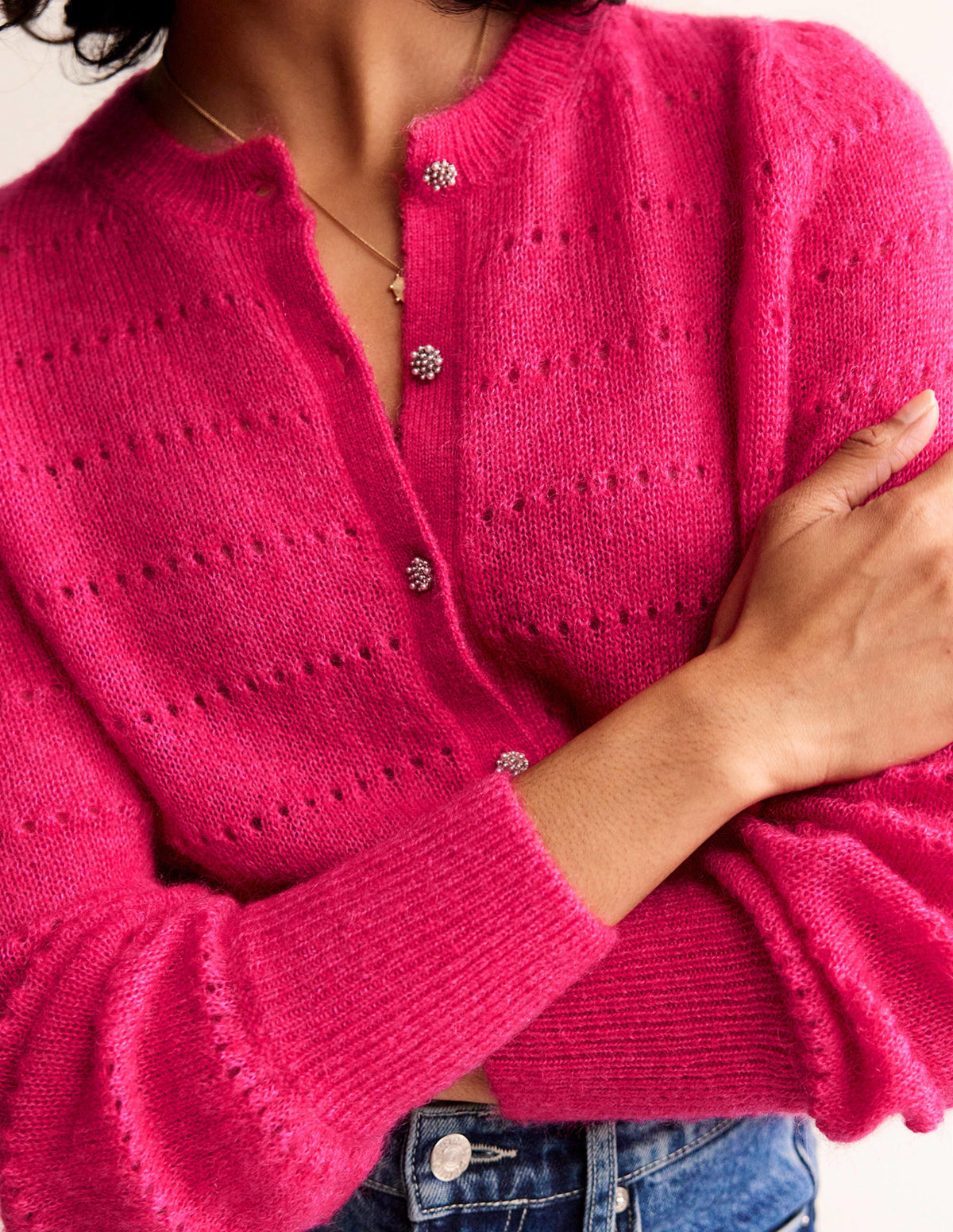 Flauschige, texturierte Strickjacke-Kräftiges Rosa-2