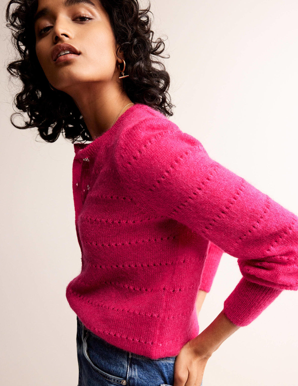 Flauschige, texturierte Strickjacke-Kräftiges Rosa-4
