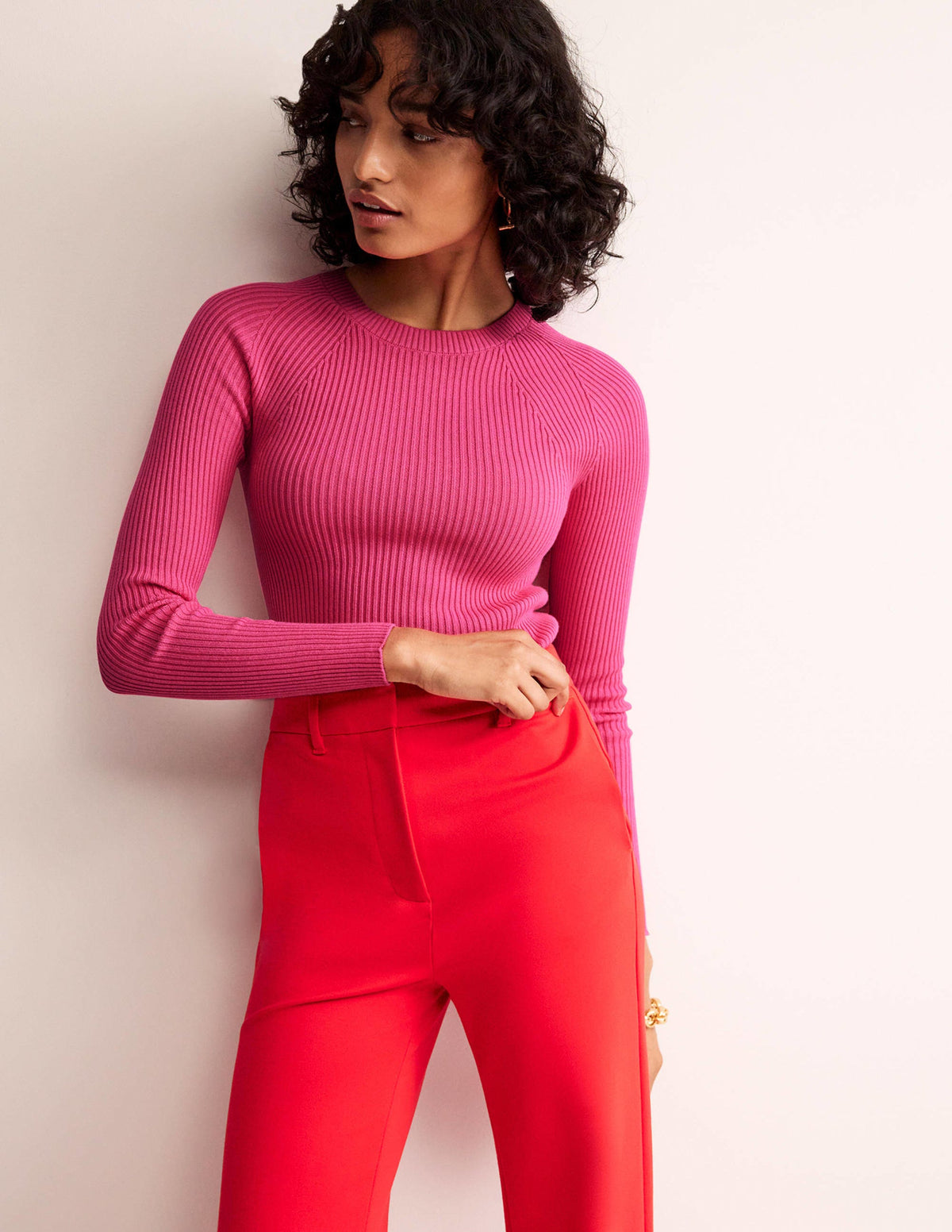 Pull côtelé en coton-Rose-1