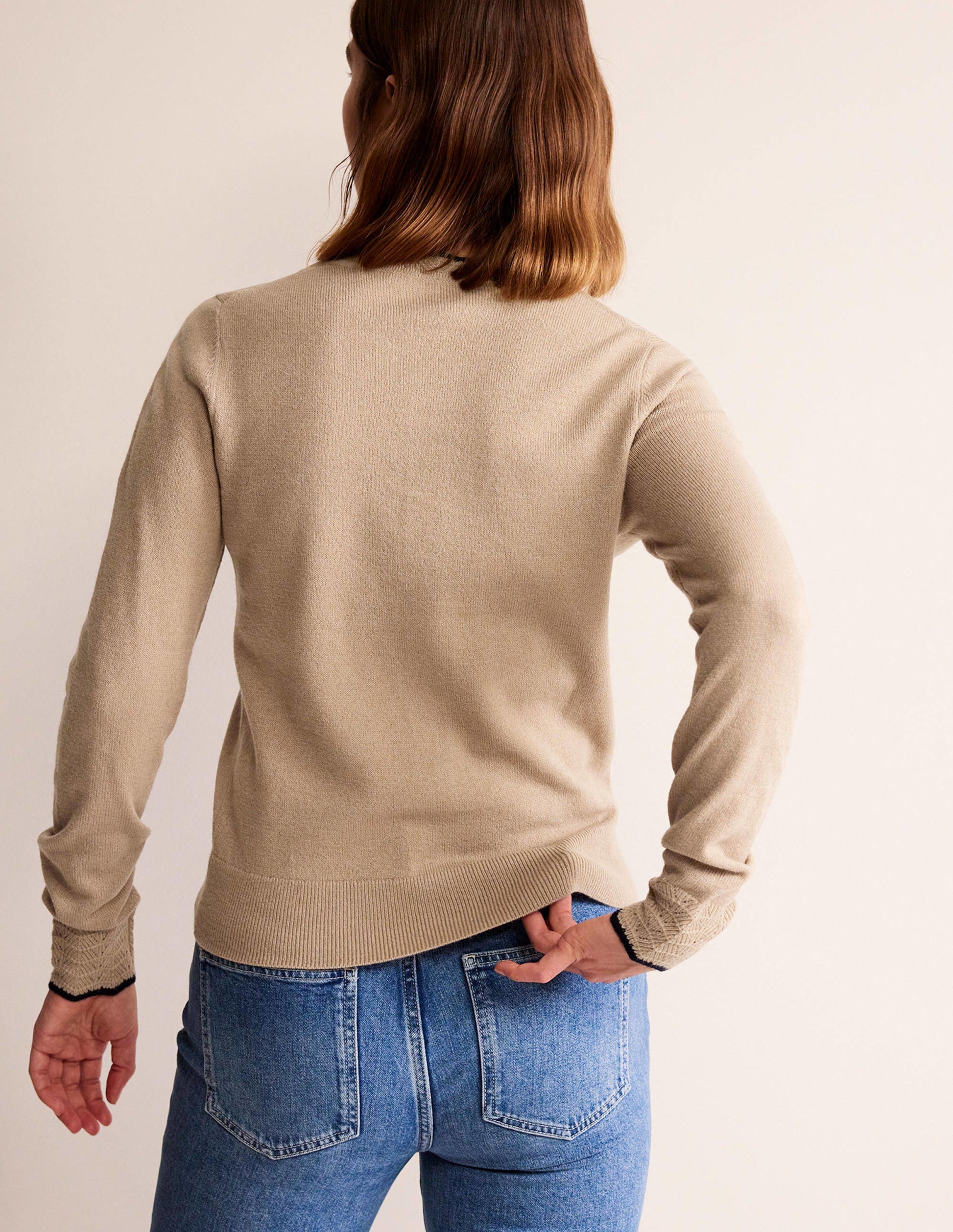 Merino-Strickjacke mit Muschelsaum-Kamelbraun Melange-3