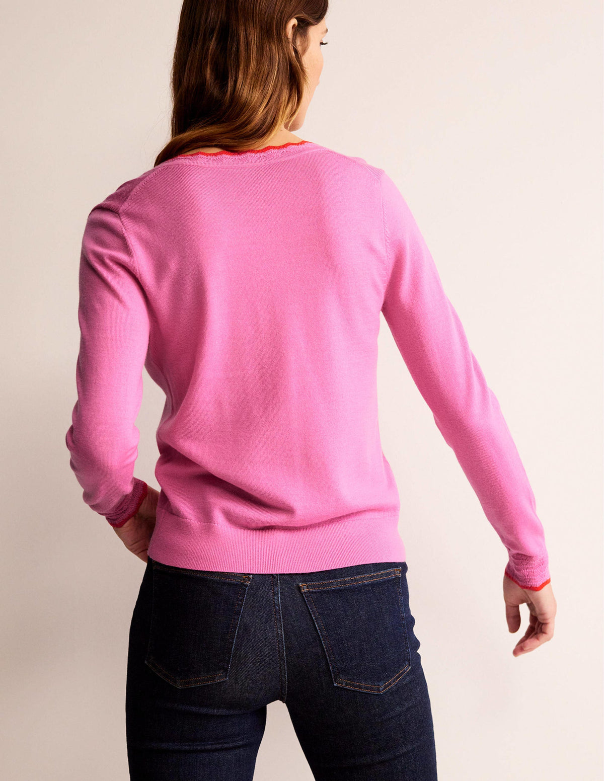 Merino-Pullover mit V-Ausschnitt und Muschelsaum-Mittelpink-3