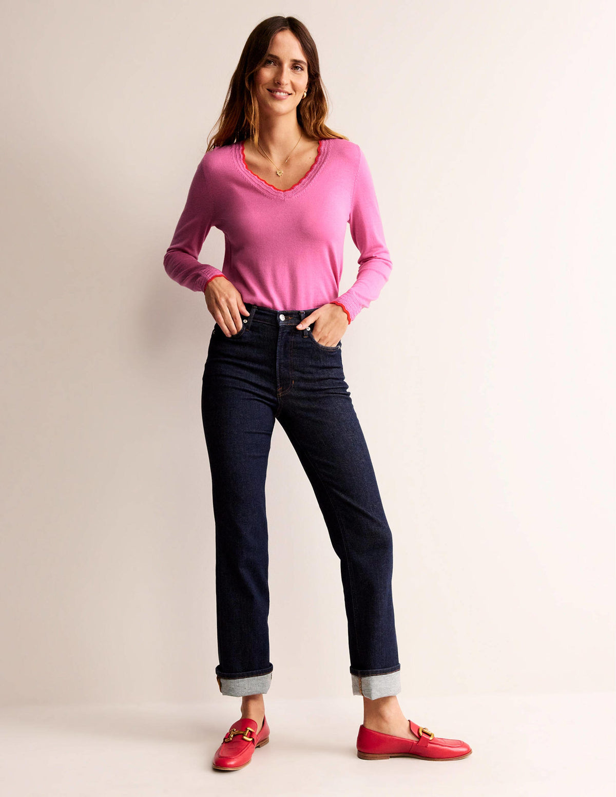Merino-Pullover mit V-Ausschnitt und Muschelsaum-Mittelpink-4