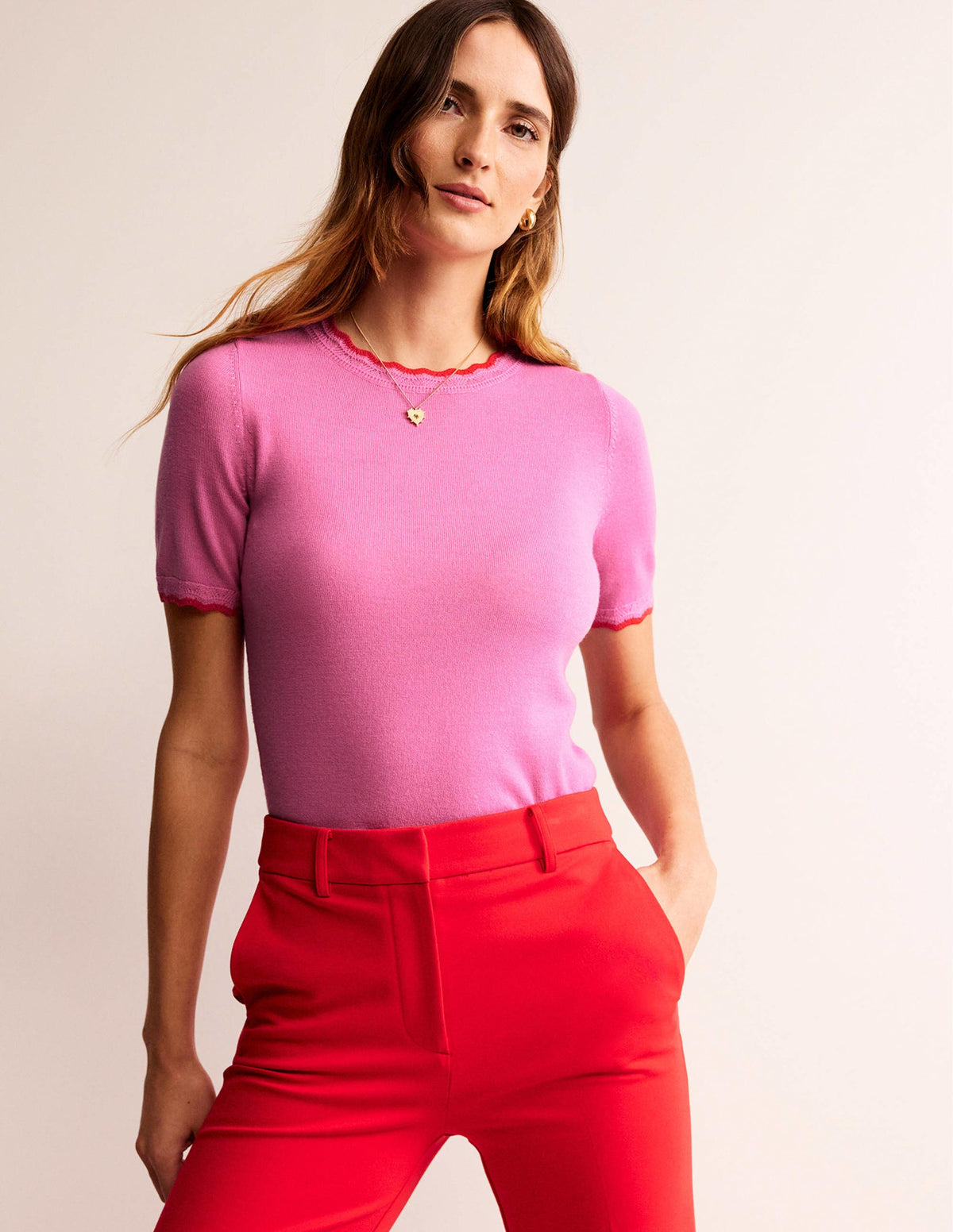 T-Shirt aus Merinowolle mit Muschelrand-Mittelpink-1