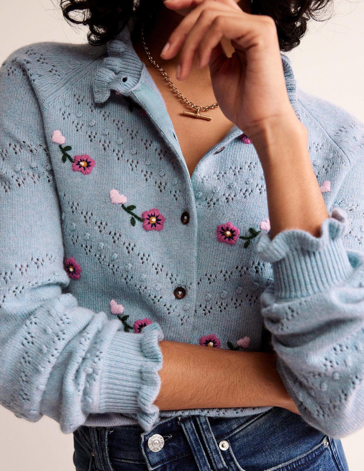 Strickjacke mit floraler Stickerei-Graublau - Image 2