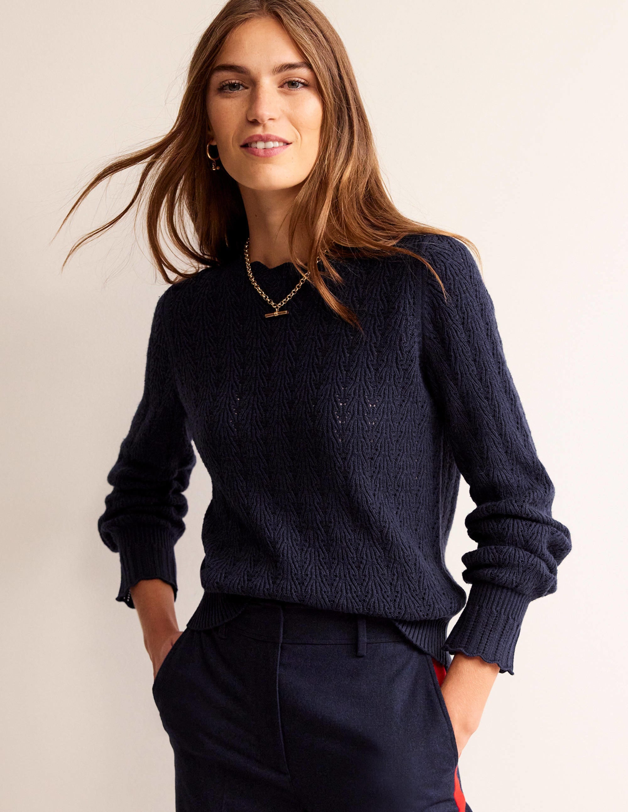 Pullover mit Pointelle-Stickerei-Marineblau - Image 1
