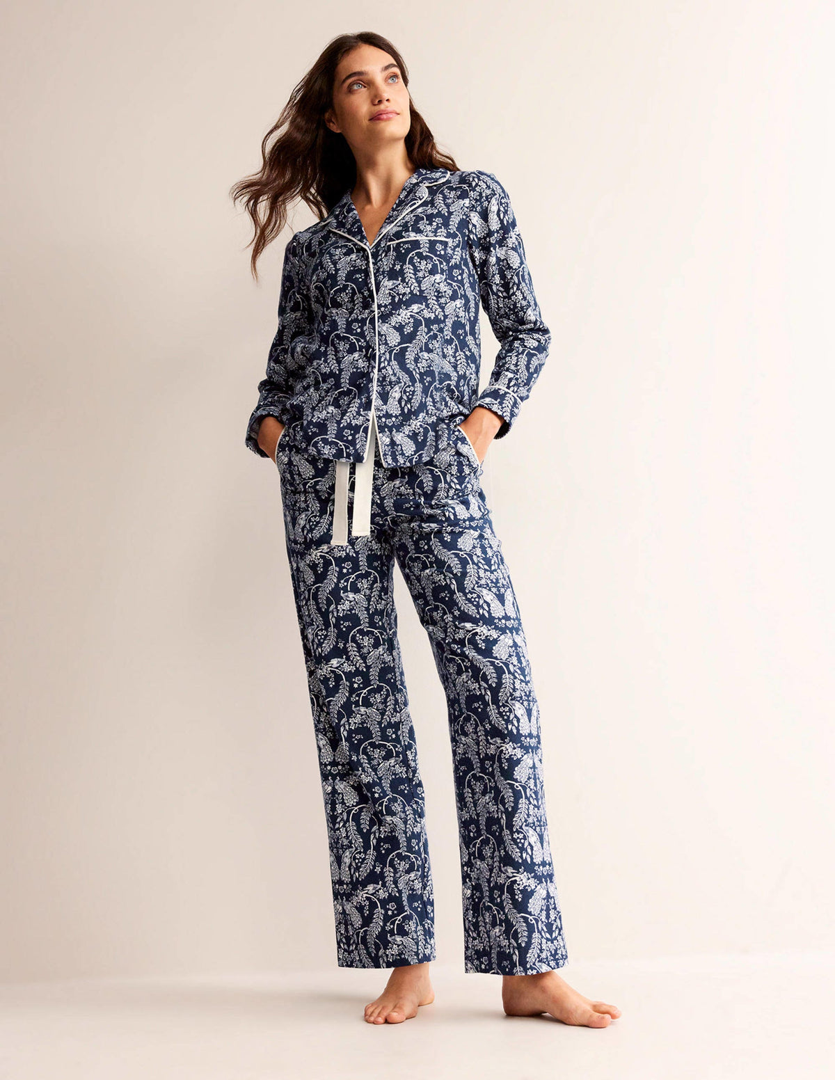 Bas de pyjama en coton brossé-Bleu marine foncé, paon - Image 1