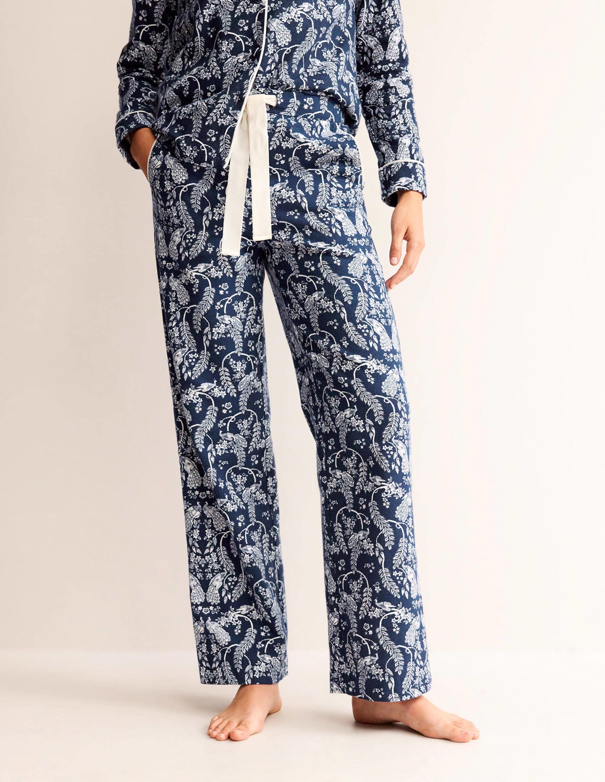 Bas de pyjama en coton brossé-Bleu marine foncé, paon - Image 4