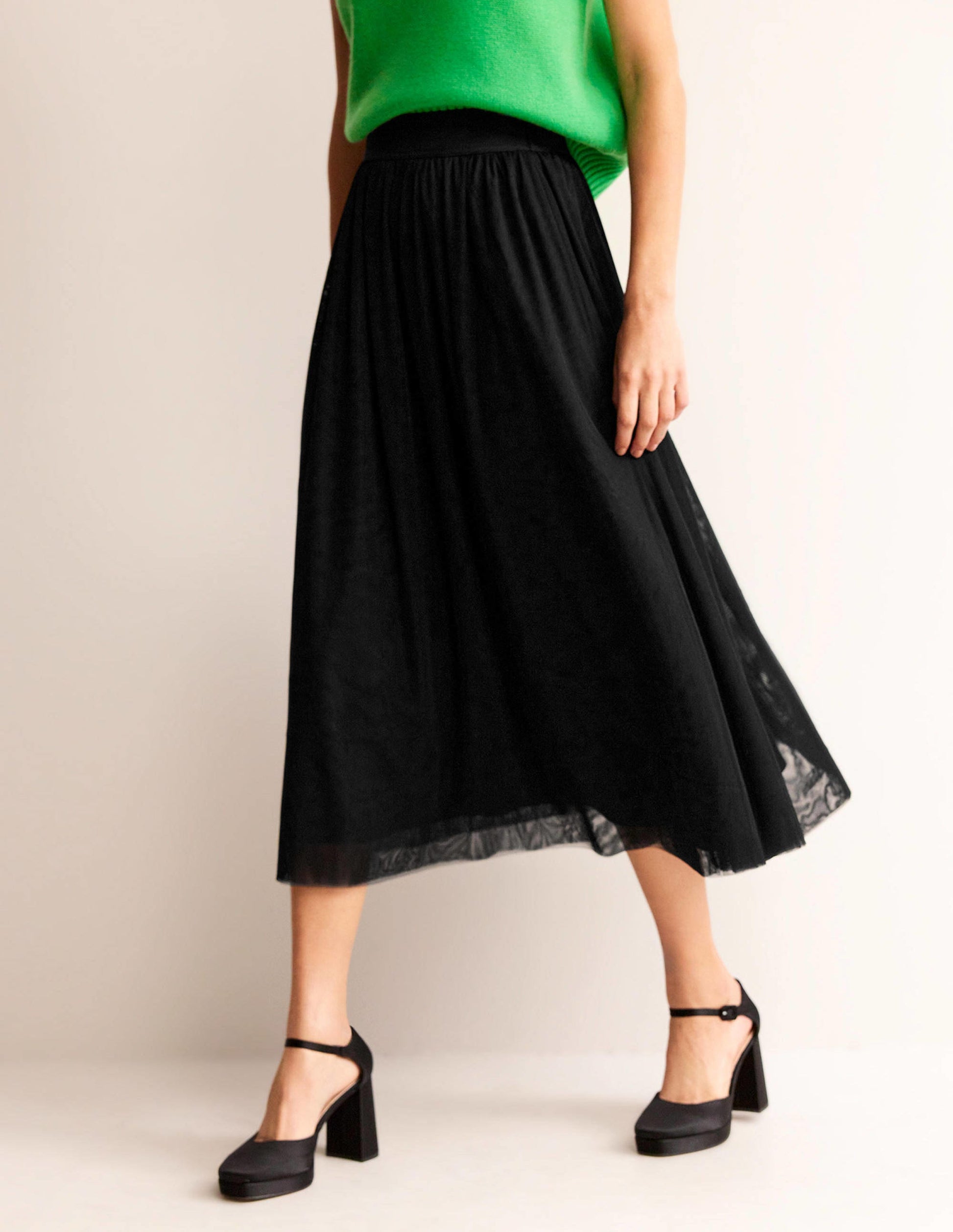 Jupe midi corolle en tulle-Noir-4