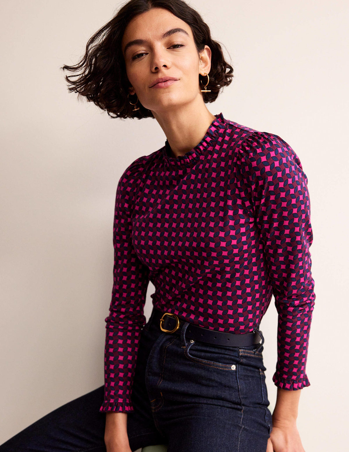 Supersoft Frill Detail Top-Vibrant Pink, Abstract Diamond-1