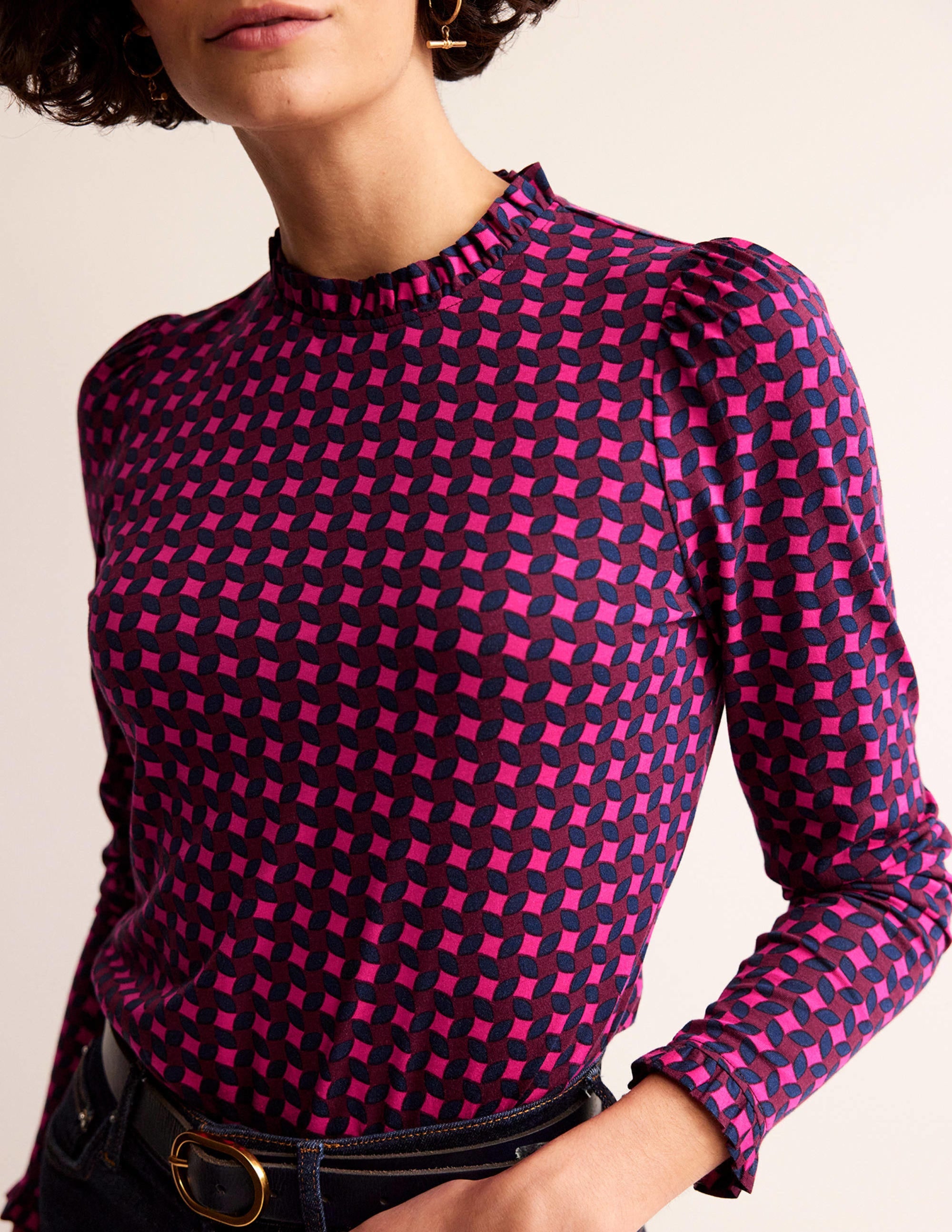 Supersoft Frill Detail Top-Vibrant Pink, Abstract Diamond - Image 2
