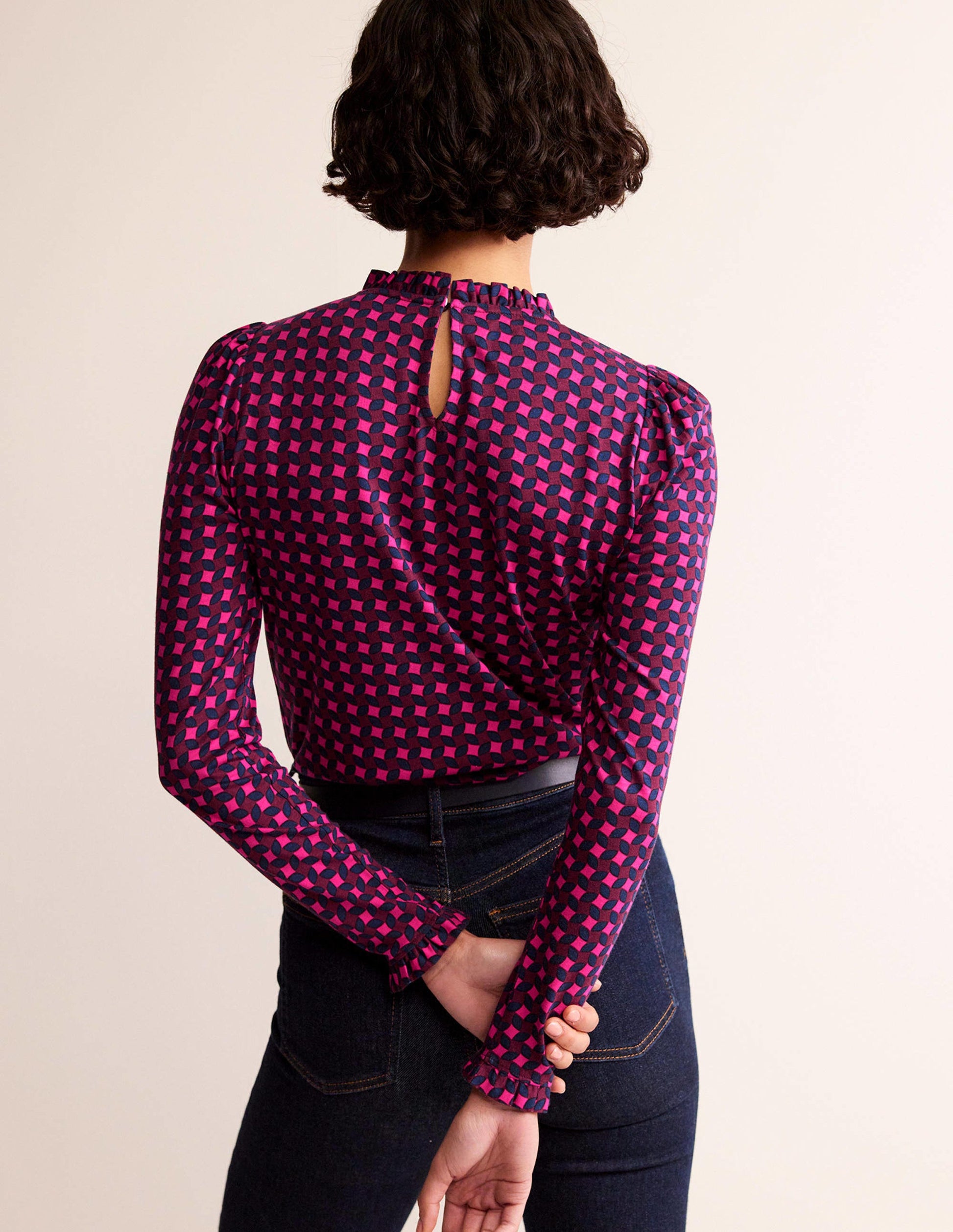 Supersoft Frill Detail Top-Vibrant Pink, Abstract Diamond-3
