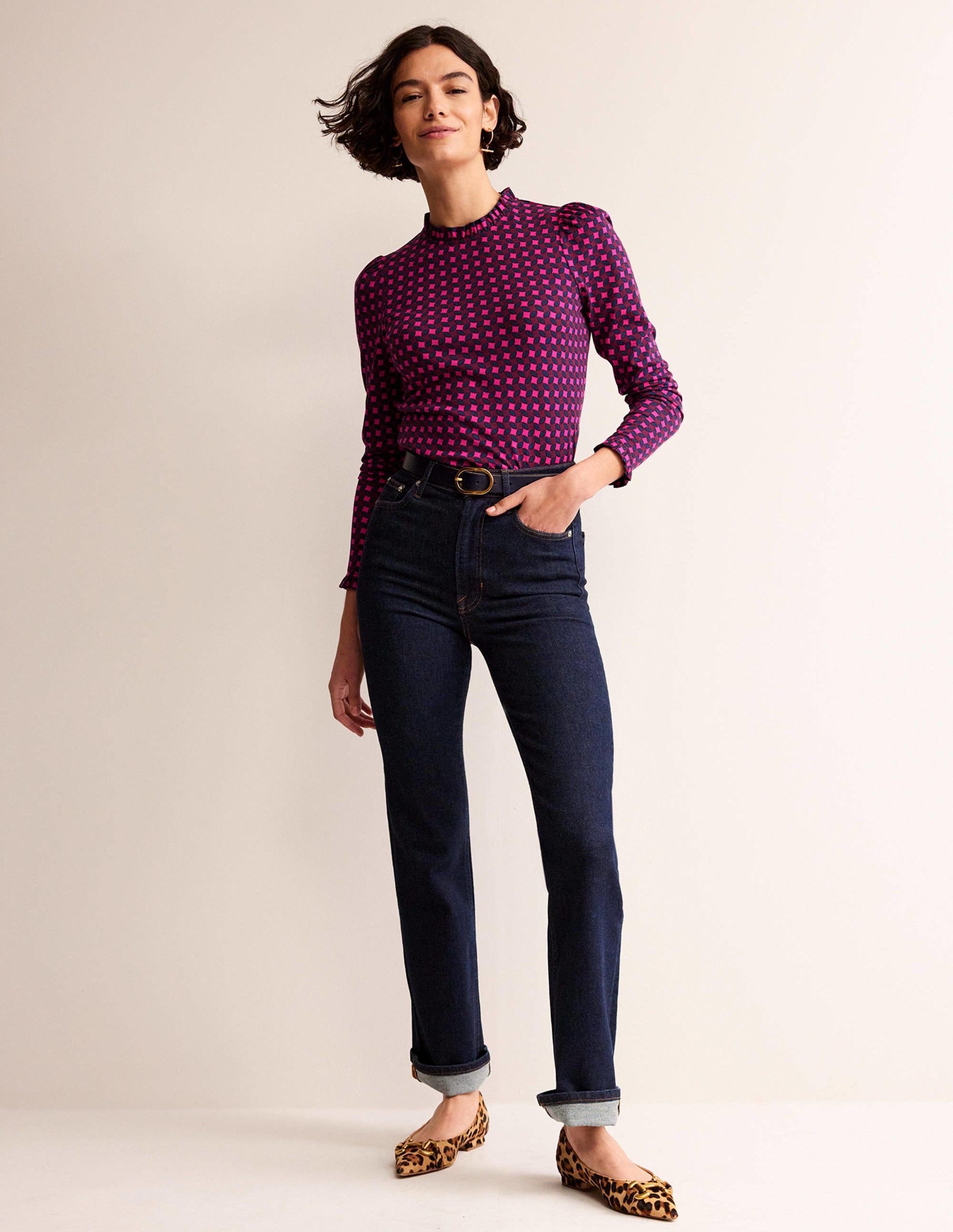 Supersoft Frill Detail Top-Vibrant Pink, Abstract Diamond - Image 4